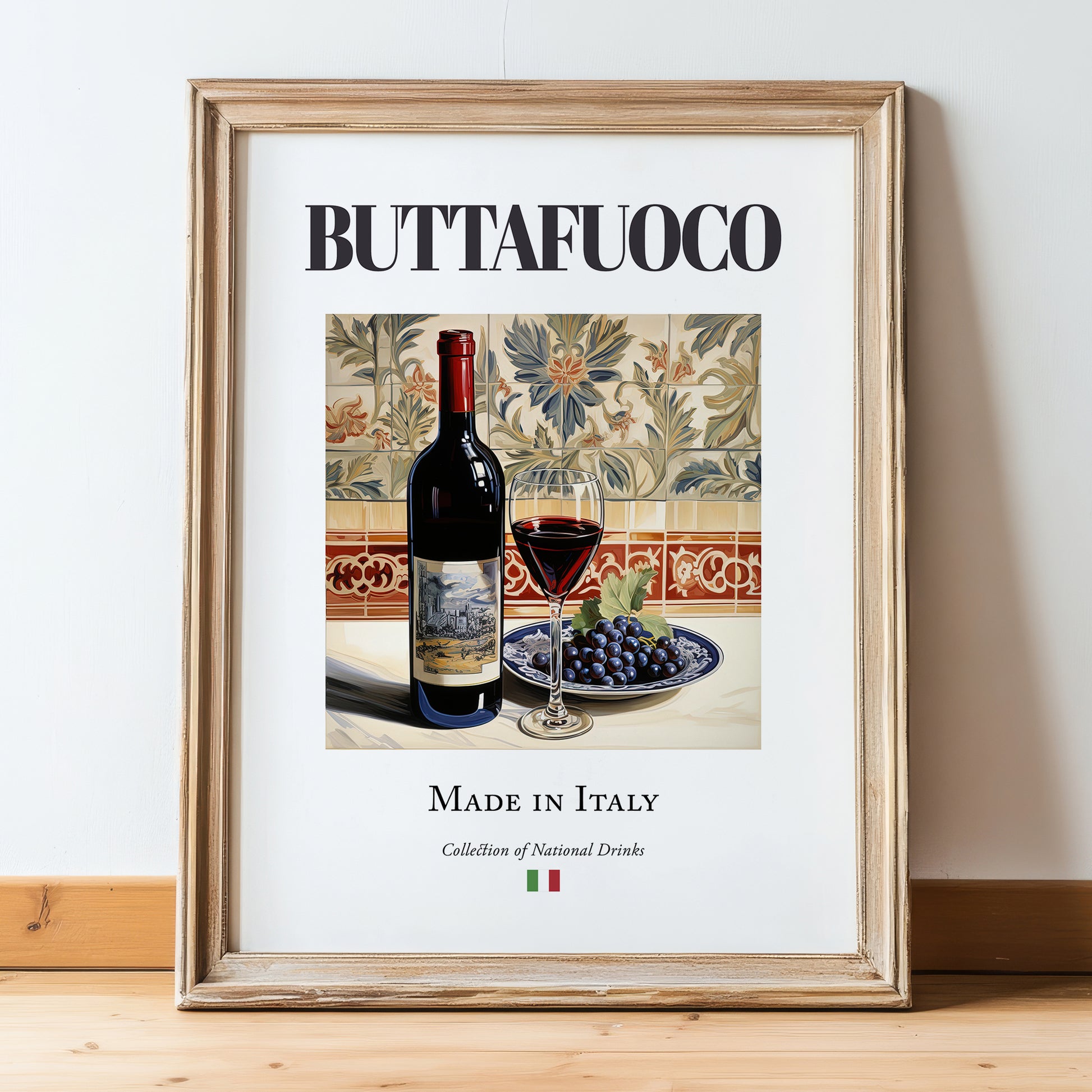 Buttafuoco – Italian Red Wine, Bodega Print, in wooden frame leaning on the floor