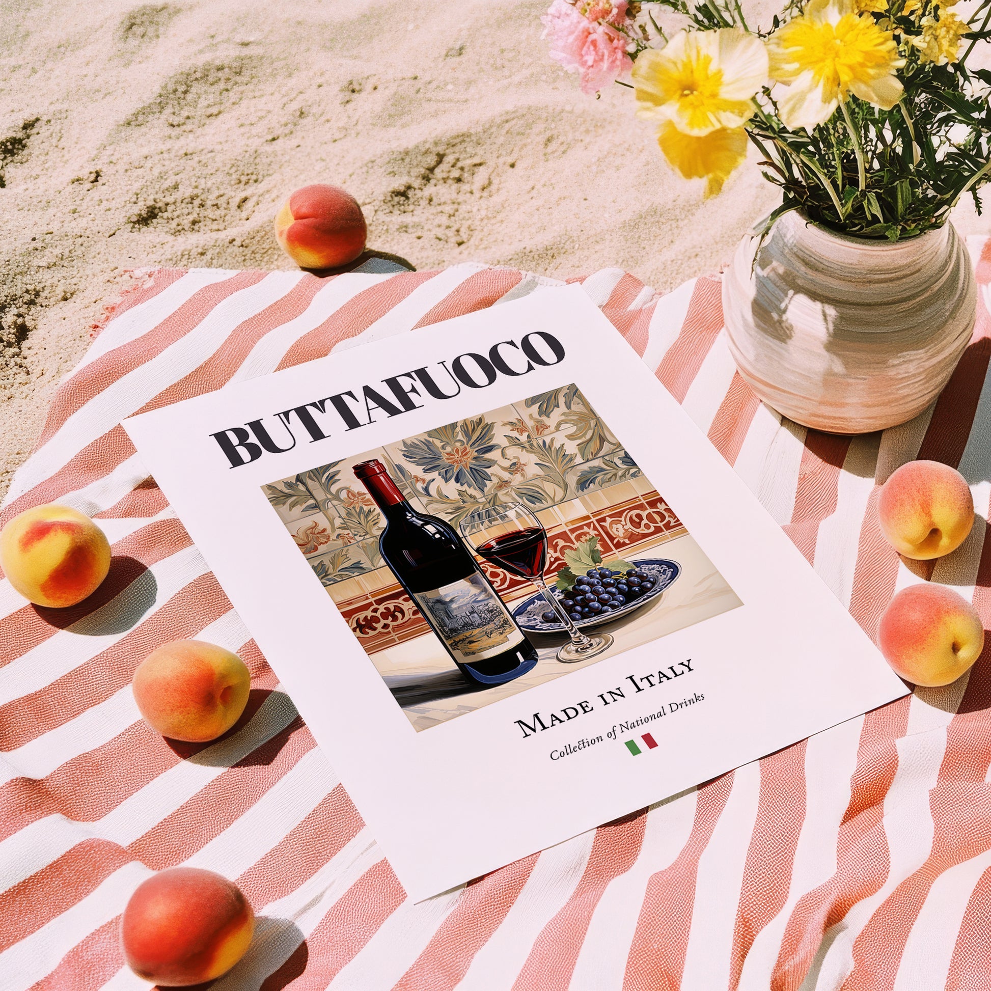 Buttafuoco – Italian Red Wine, Bodega Print, unframed on coastal sand