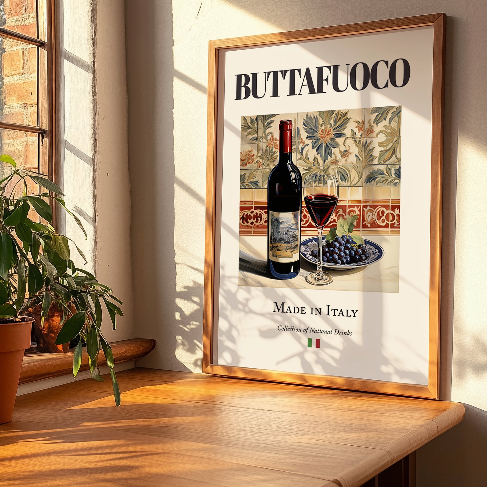 Buttafuoco – Italian Red Wine, Bodega Print, no-text version framed in wood