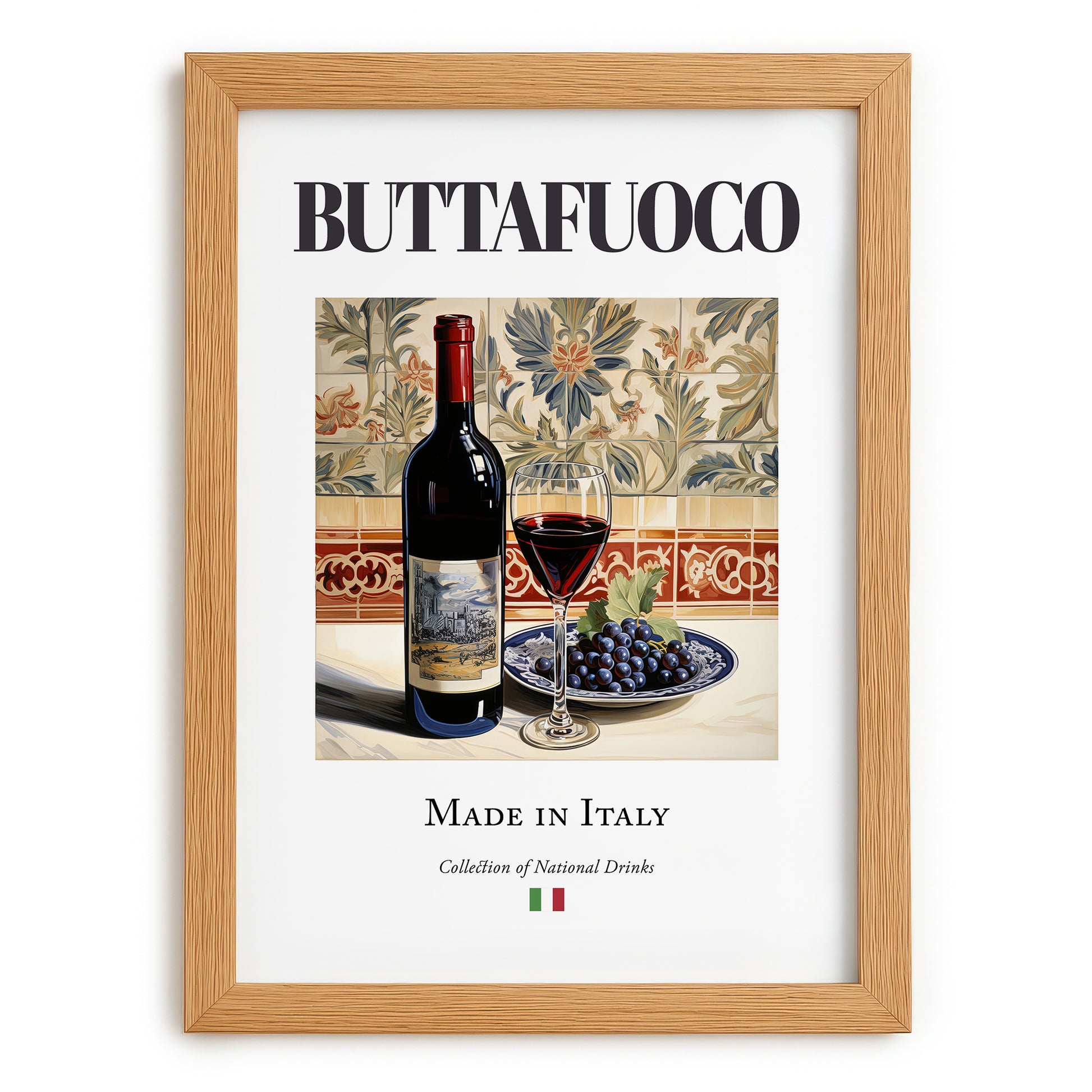 Buttafuoco – Italian Red Wine, Bodega Print, set in oak frame