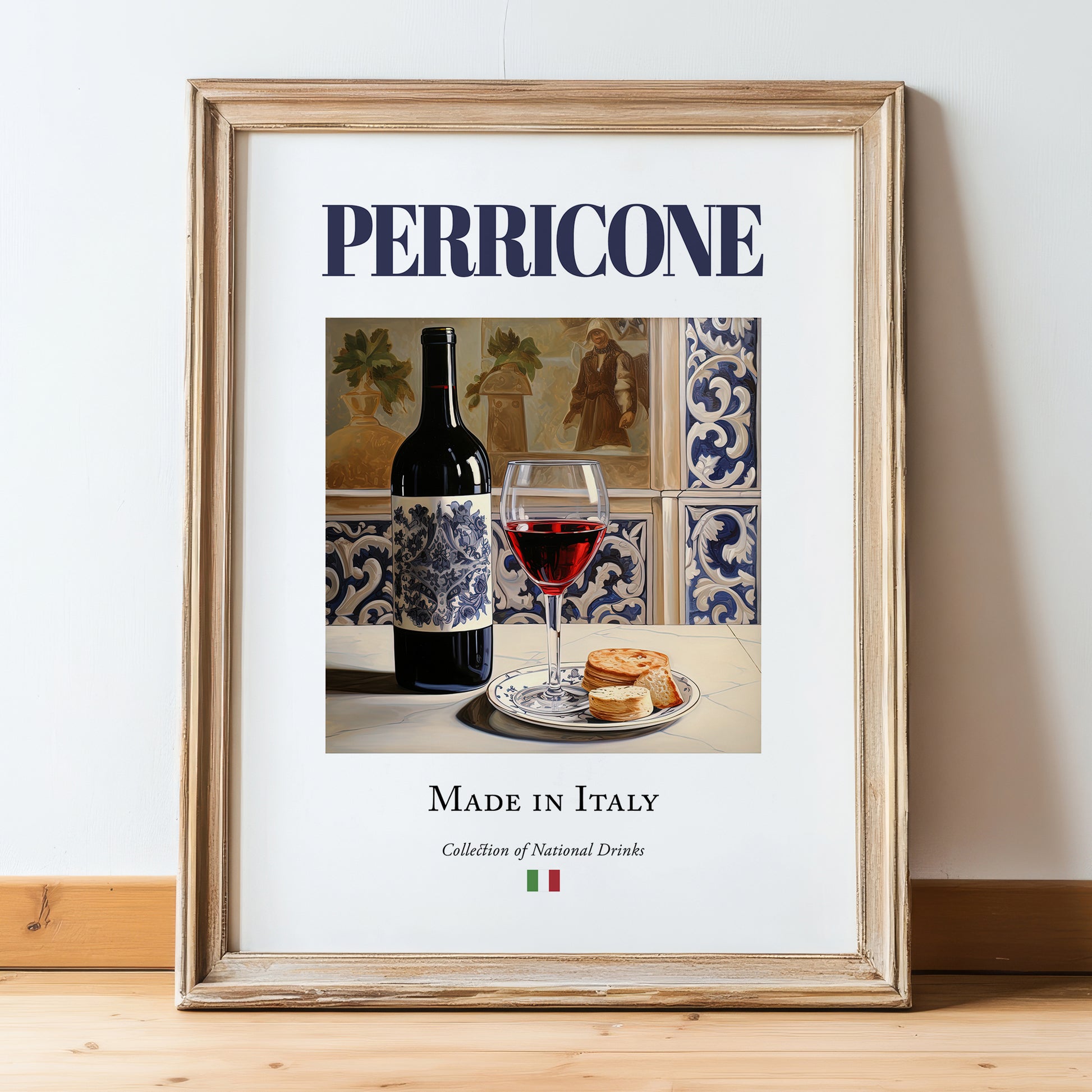 Perricone – Italian Red Wine, Tasting Room Illustration, in wooden frame leaning on the floor