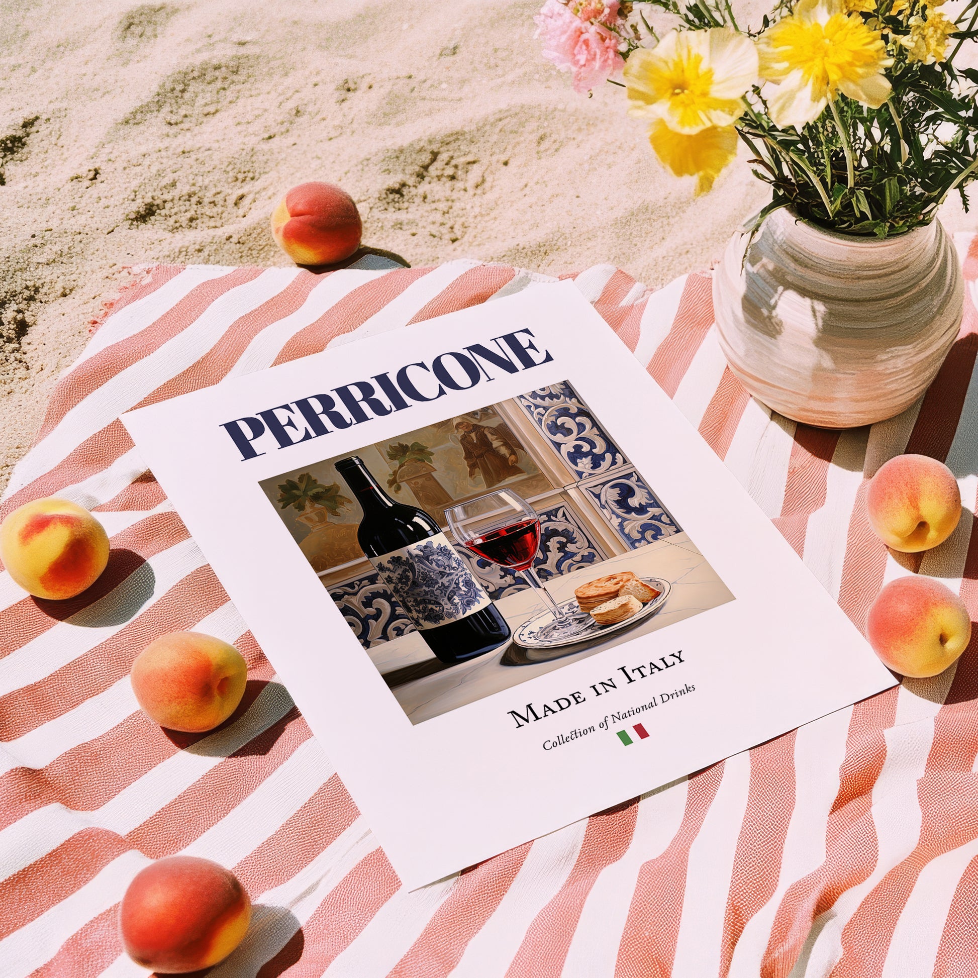 Perricone – Italian Red Wine, Tasting Room Illustration, unframed on coastal sand