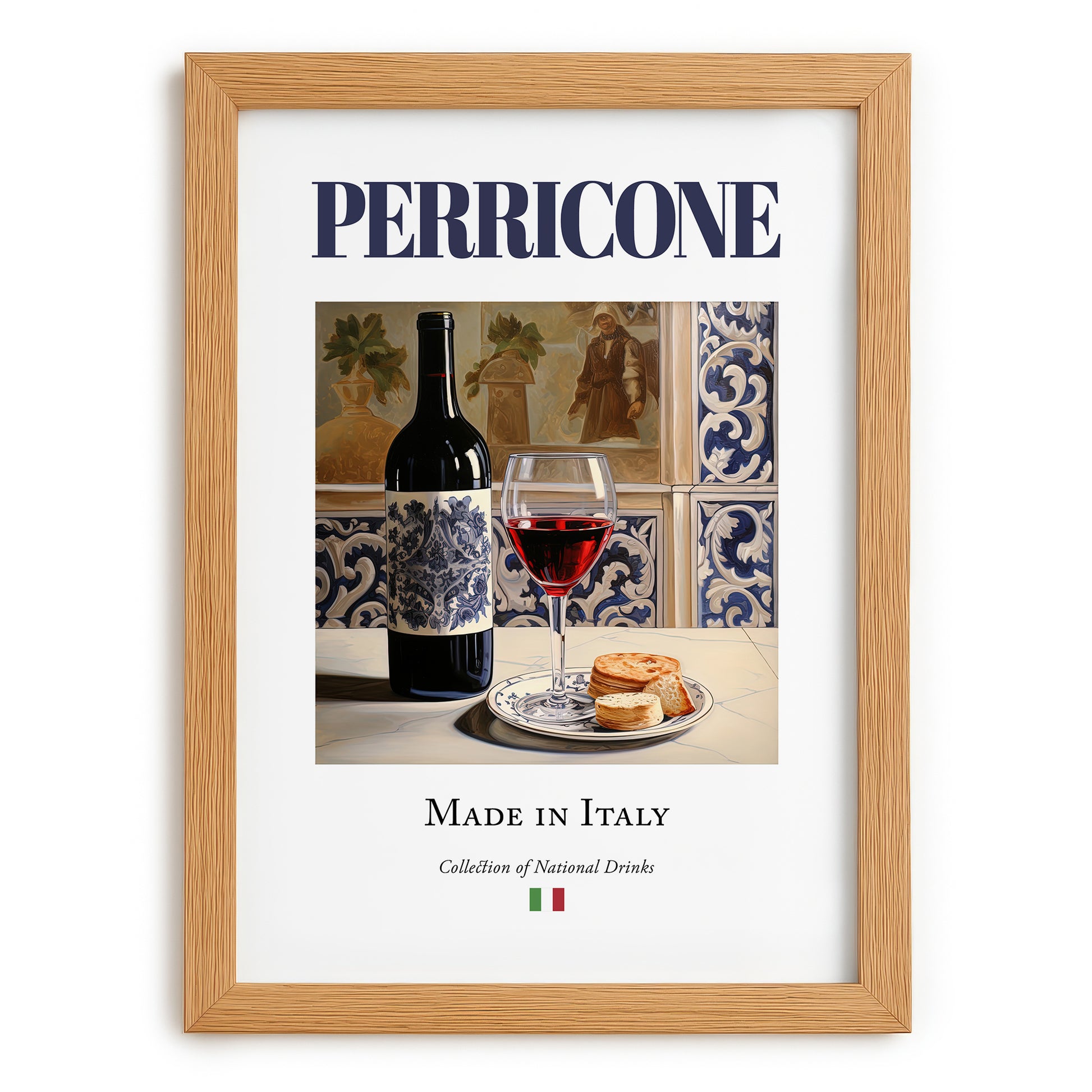 Perricone – Italian Red Wine, Tasting Room Illustration, set in oak frame