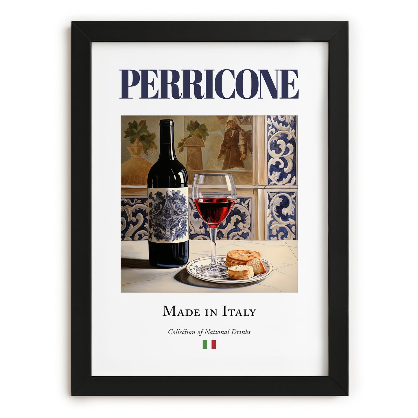 Perricone – Italian Red Wine, Tasting Room Illustration, in sleek black frame
