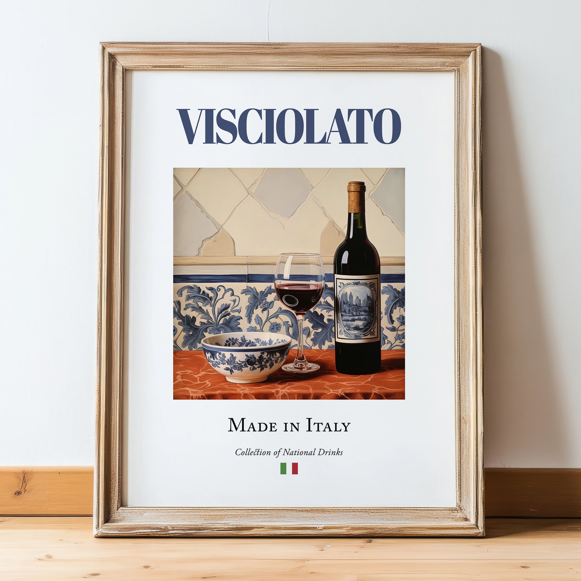 Visciolato – Italian Red Wine, Vinoteca Poster, in wooden frame leaning on the floor