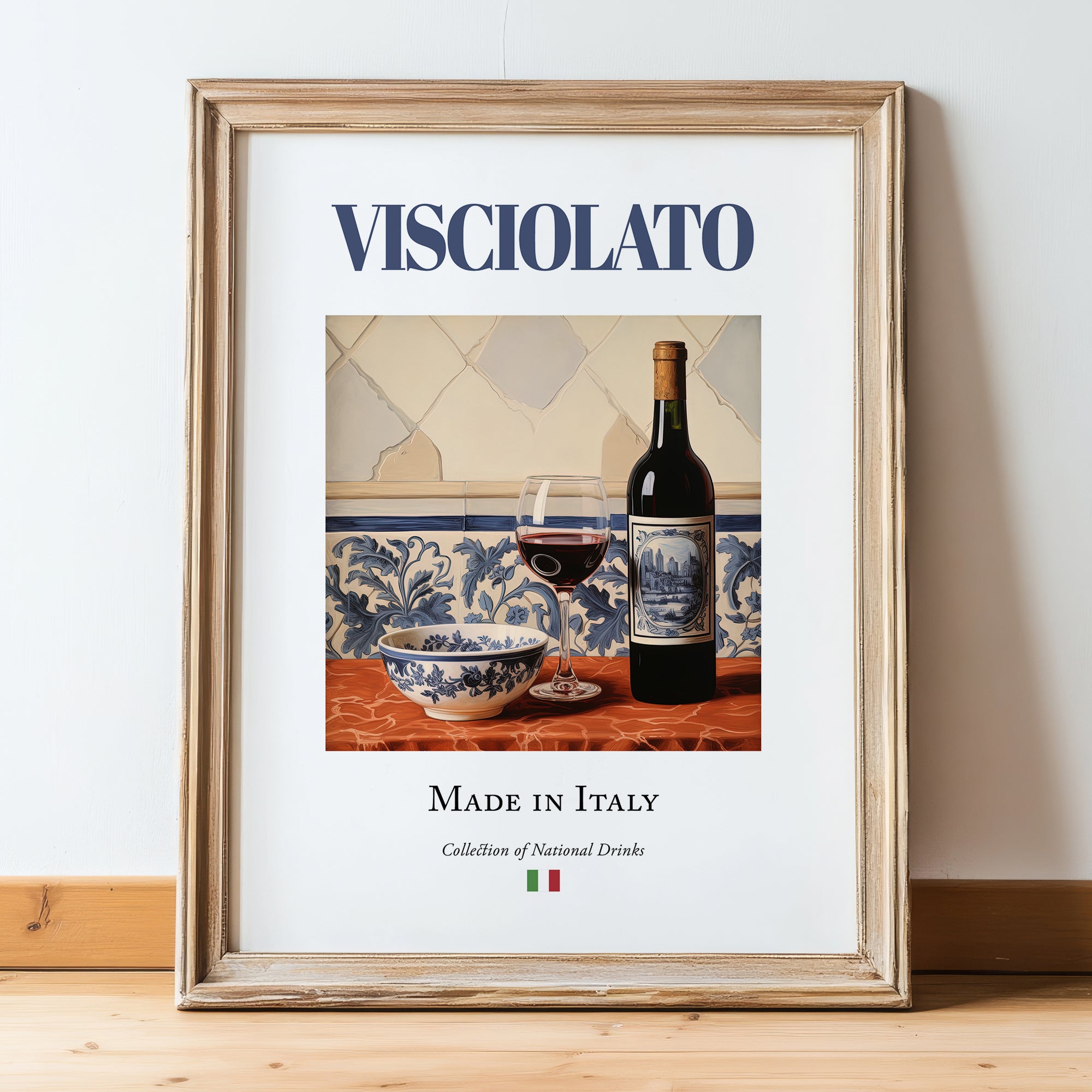 Visciolato – Italian Red Wine, Vinoteca Poster, in wooden frame leaning on the floor