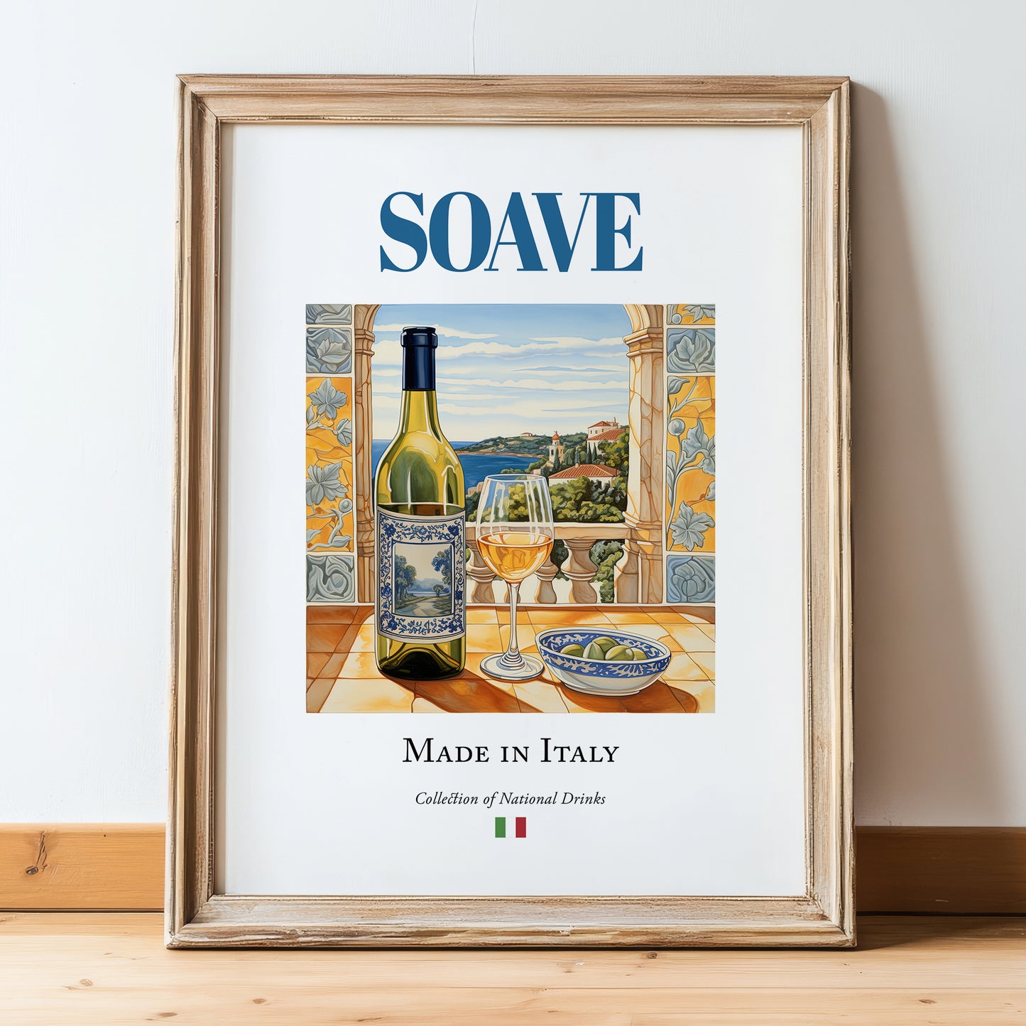 Soave – Italian White Wine, Enoteca Wall Art, in wooden frame leaning on the floor