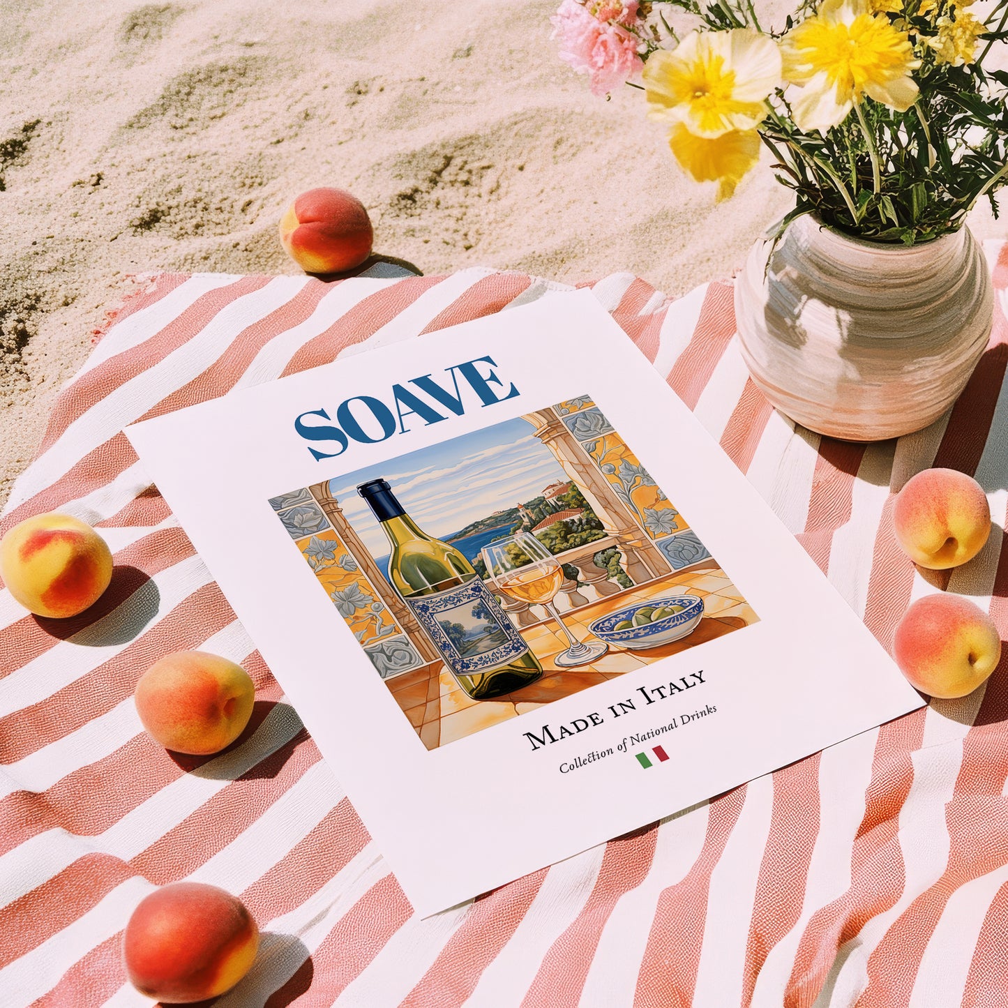Soave – Italian White Wine, Enoteca Wall Art, unframed on coastal sand