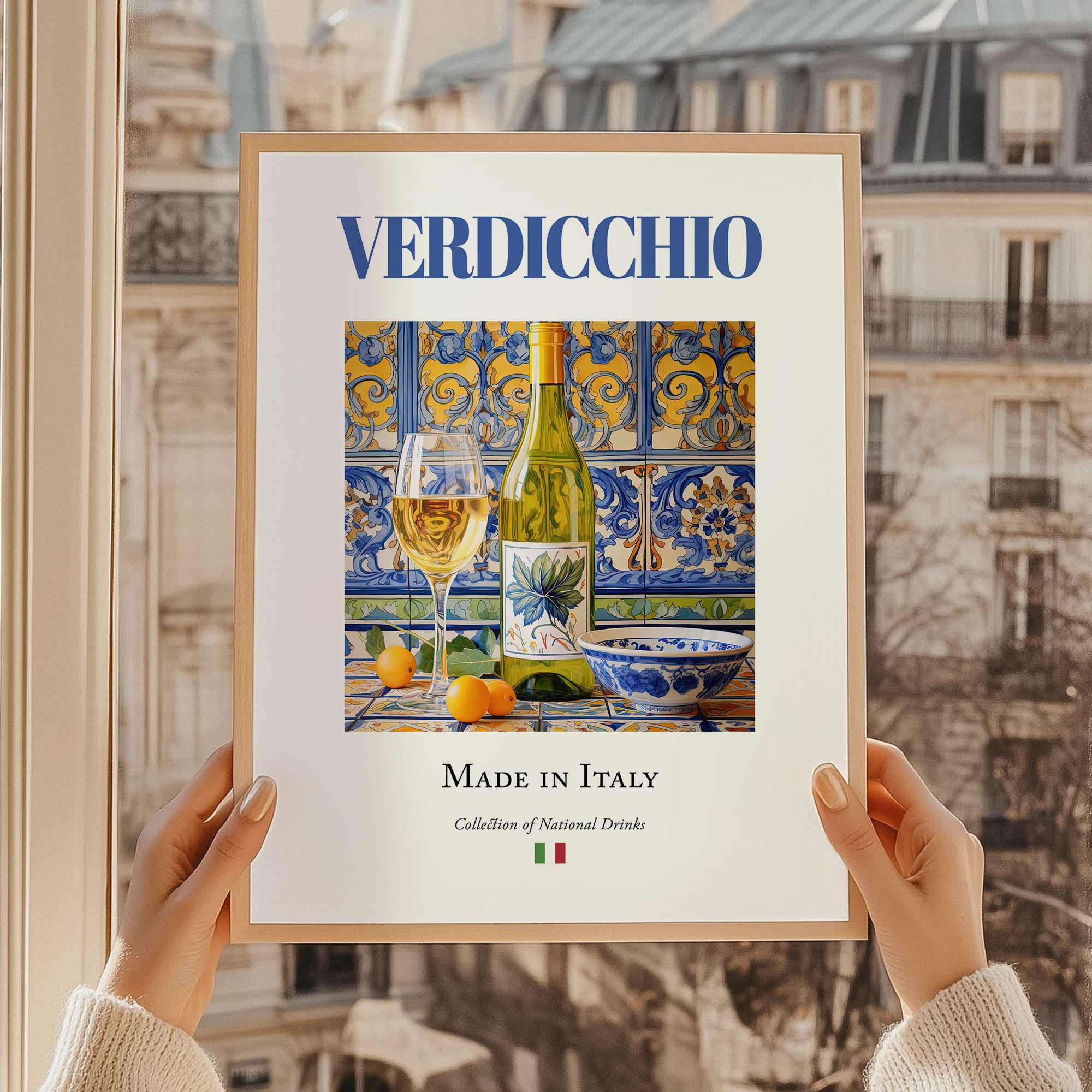 Verdicchio – Italian White Wine, Wine Bar Art, styled in a charming Paris street view