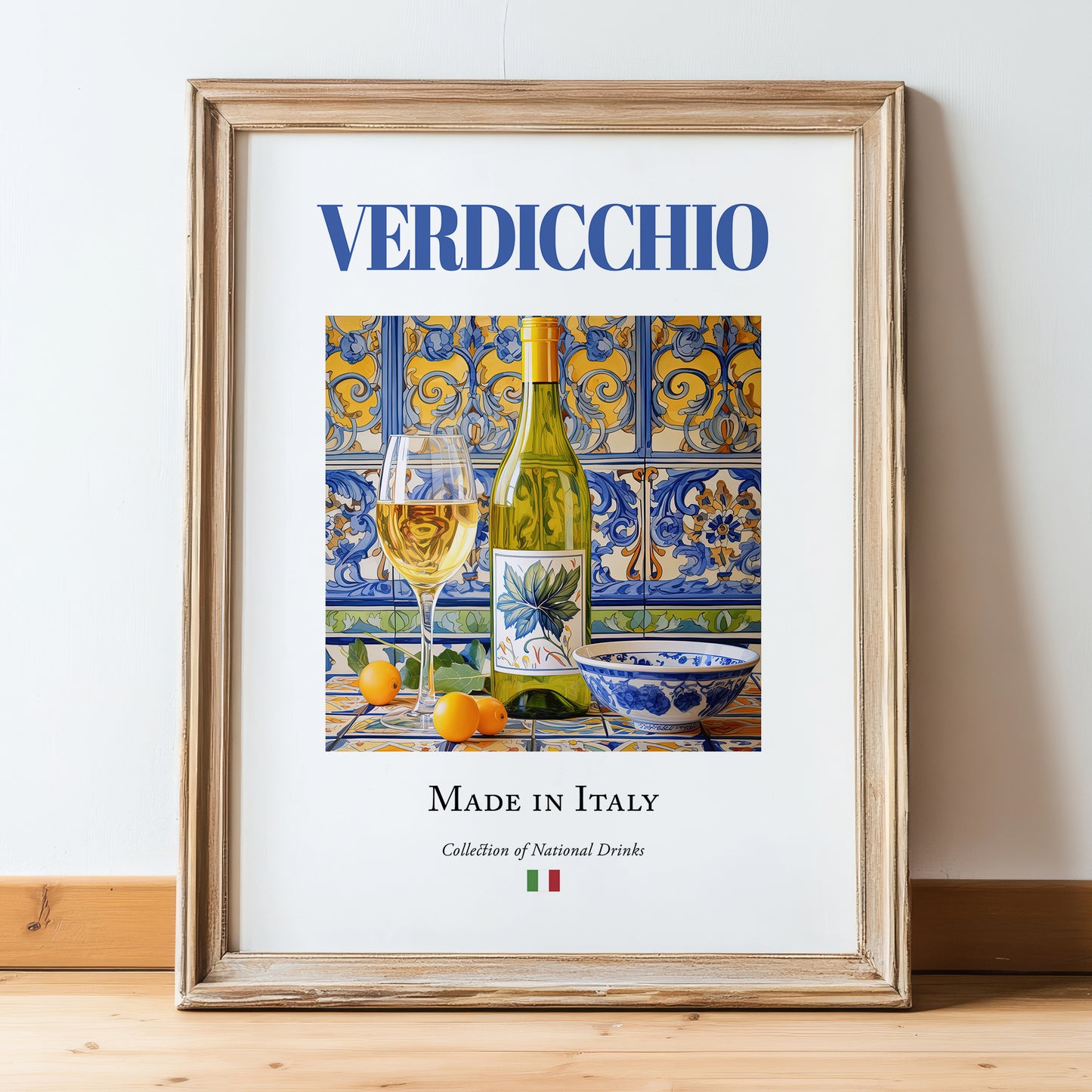 Verdicchio – Italian White Wine, Wine Bar Art, in wooden frame leaning on the floor