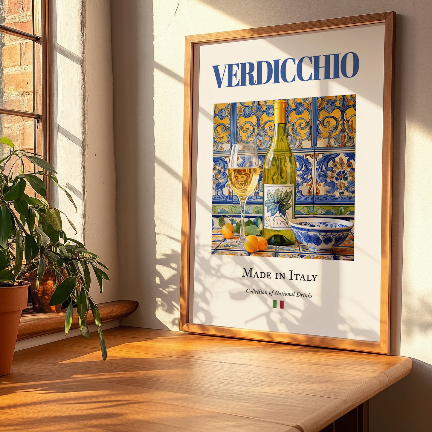 Verdicchio – Italian White Wine, Wine Bar Art, no-text version framed in wood
