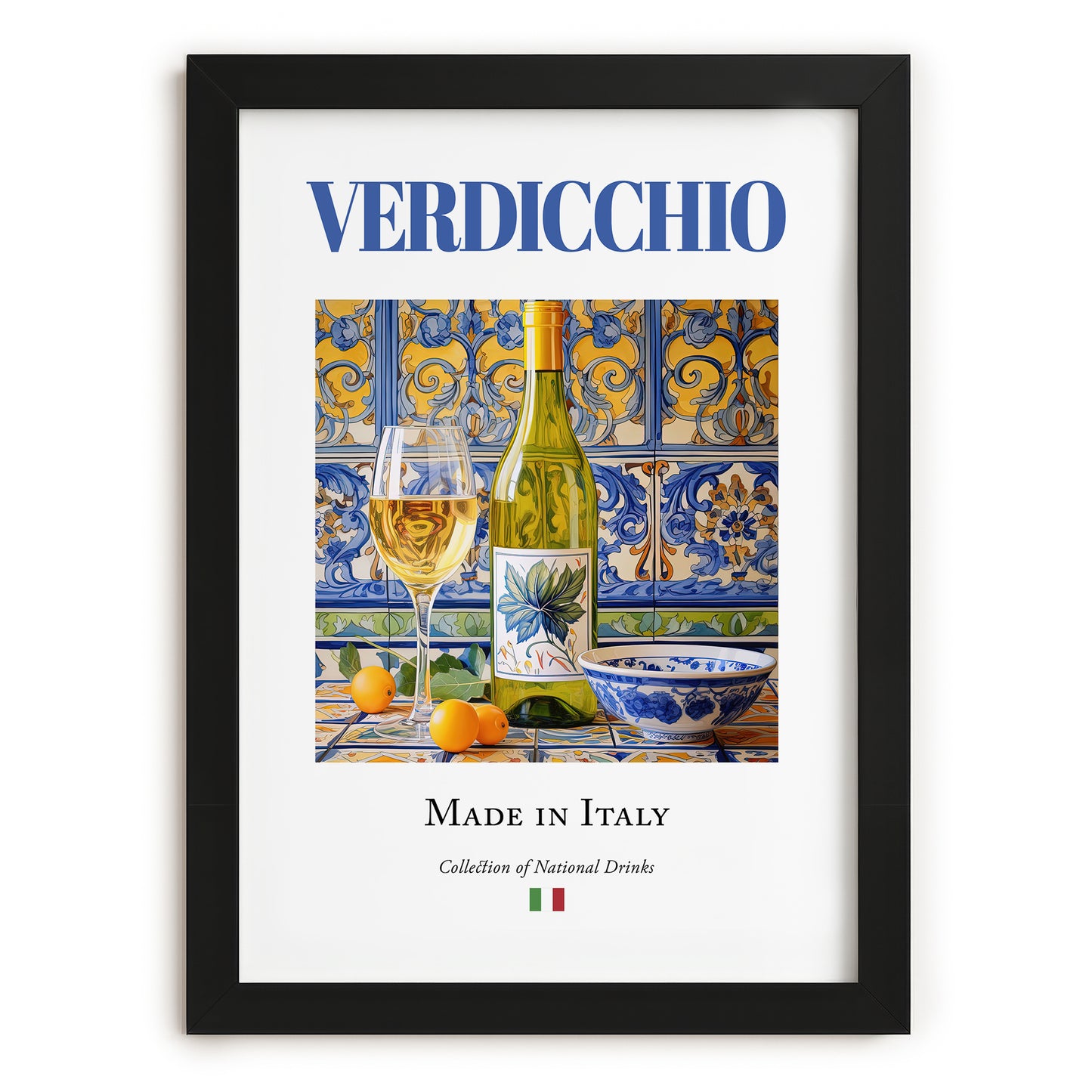 Verdicchio – Italian White Wine, Wine Bar Art, in sleek black frame