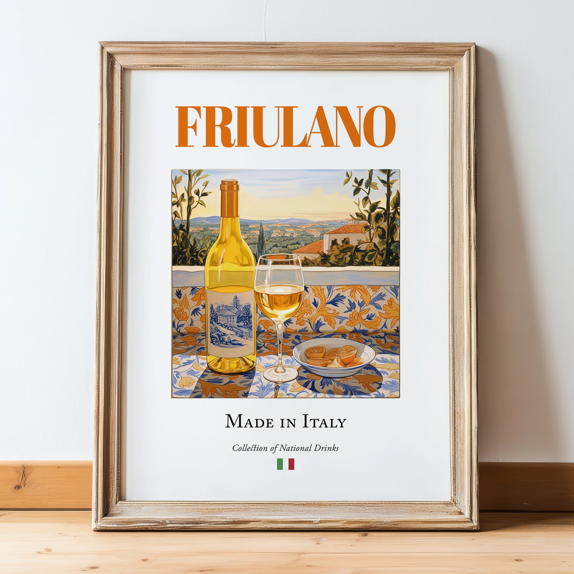Friulano – Italian White Wine, Vinoteca Wall Art, in wooden frame leaning on the floor