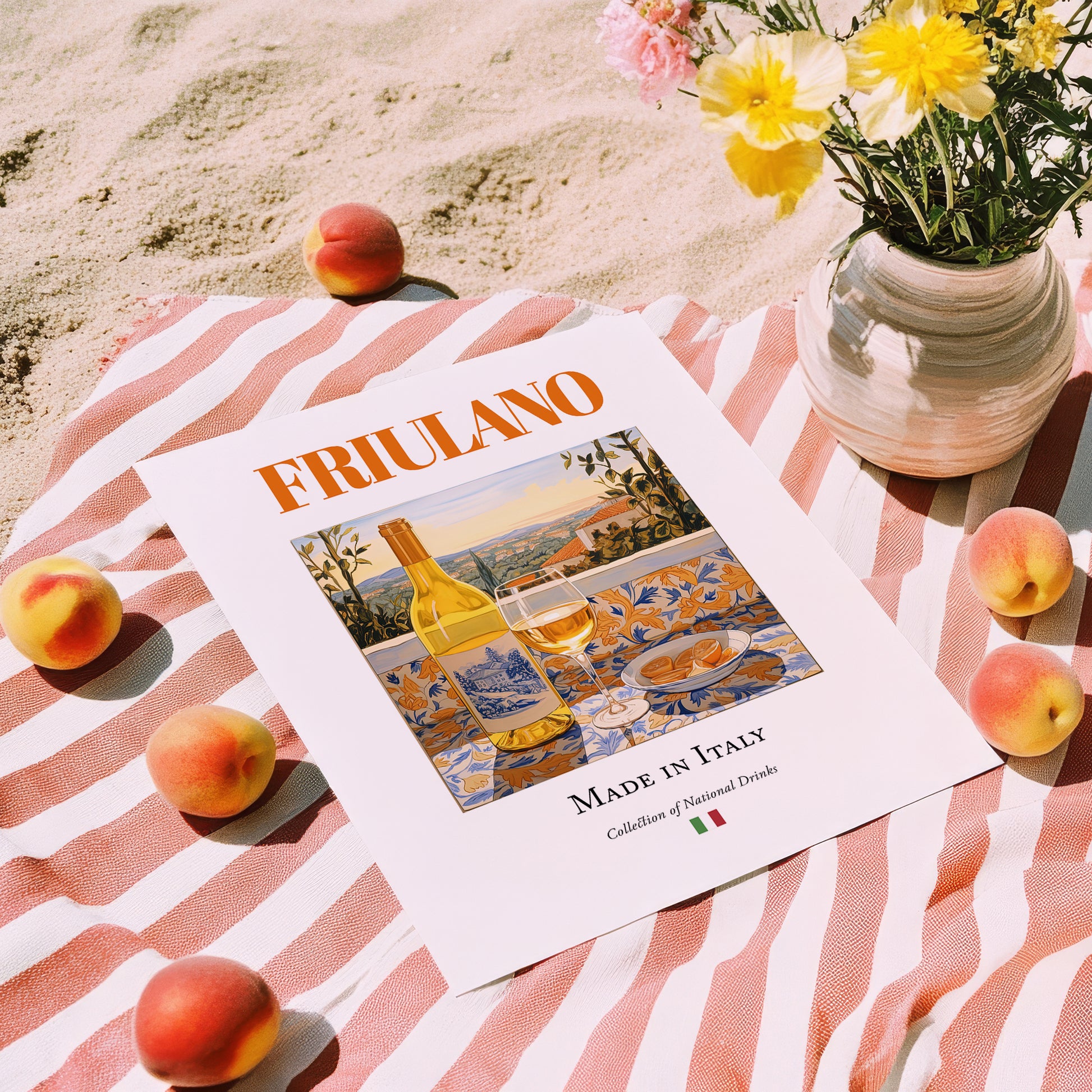 Friulano – Italian White Wine, Vinoteca Wall Art, unframed on coastal sand