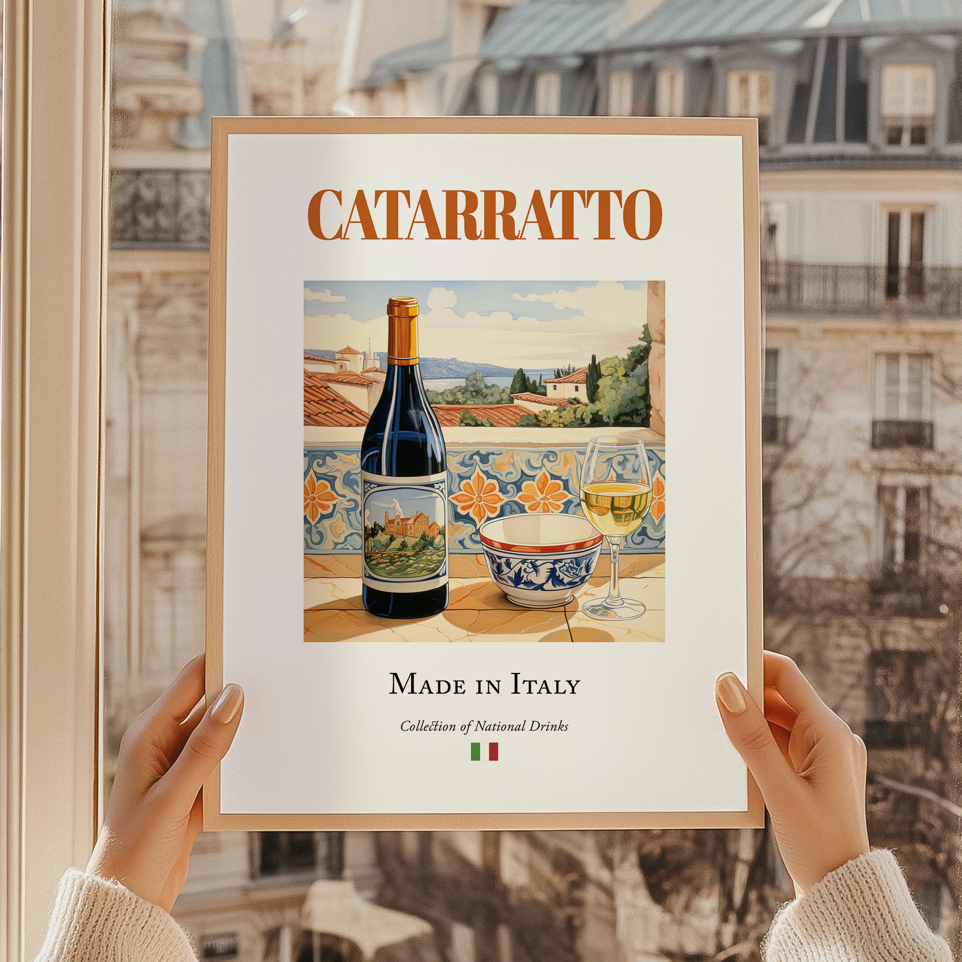 Catarratto – Italian White Wine, Wine Bar Illustration, styled in a charming Paris street view