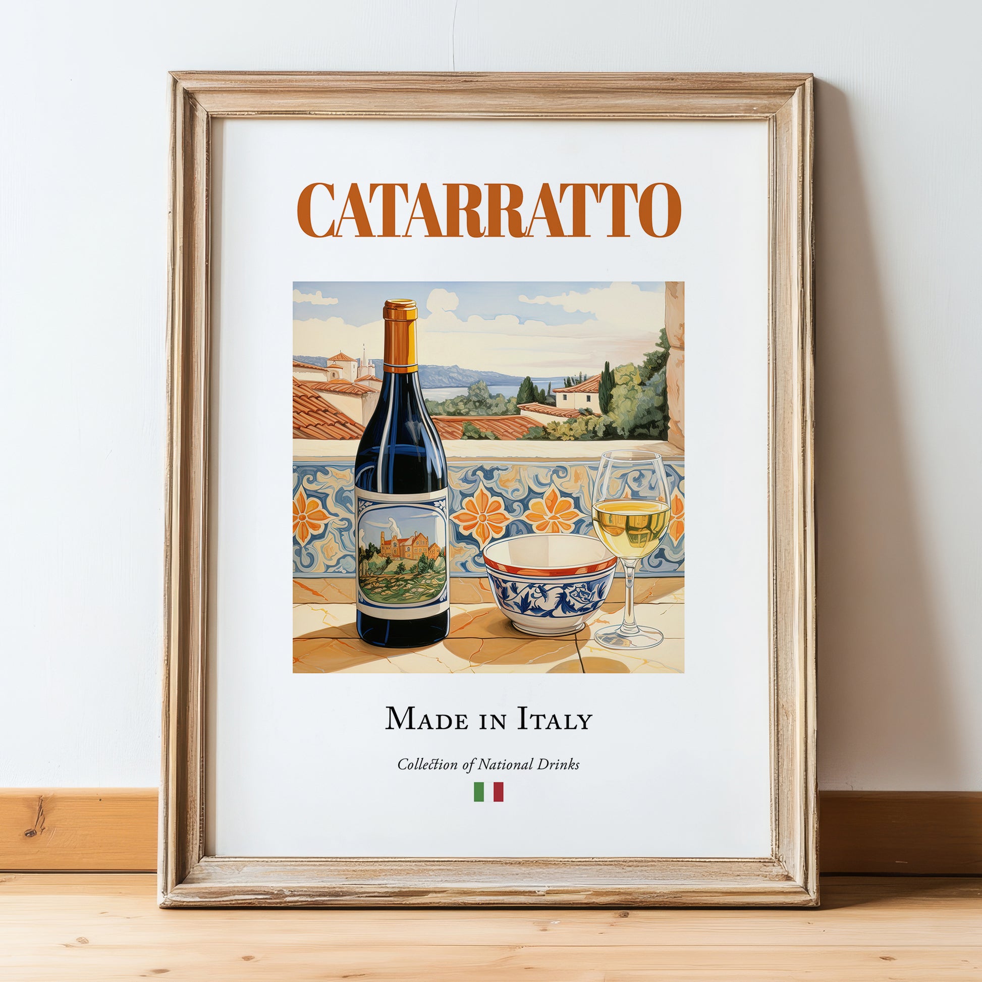 Catarratto – Italian White Wine, Wine Bar Illustration, in wooden frame leaning on the floor