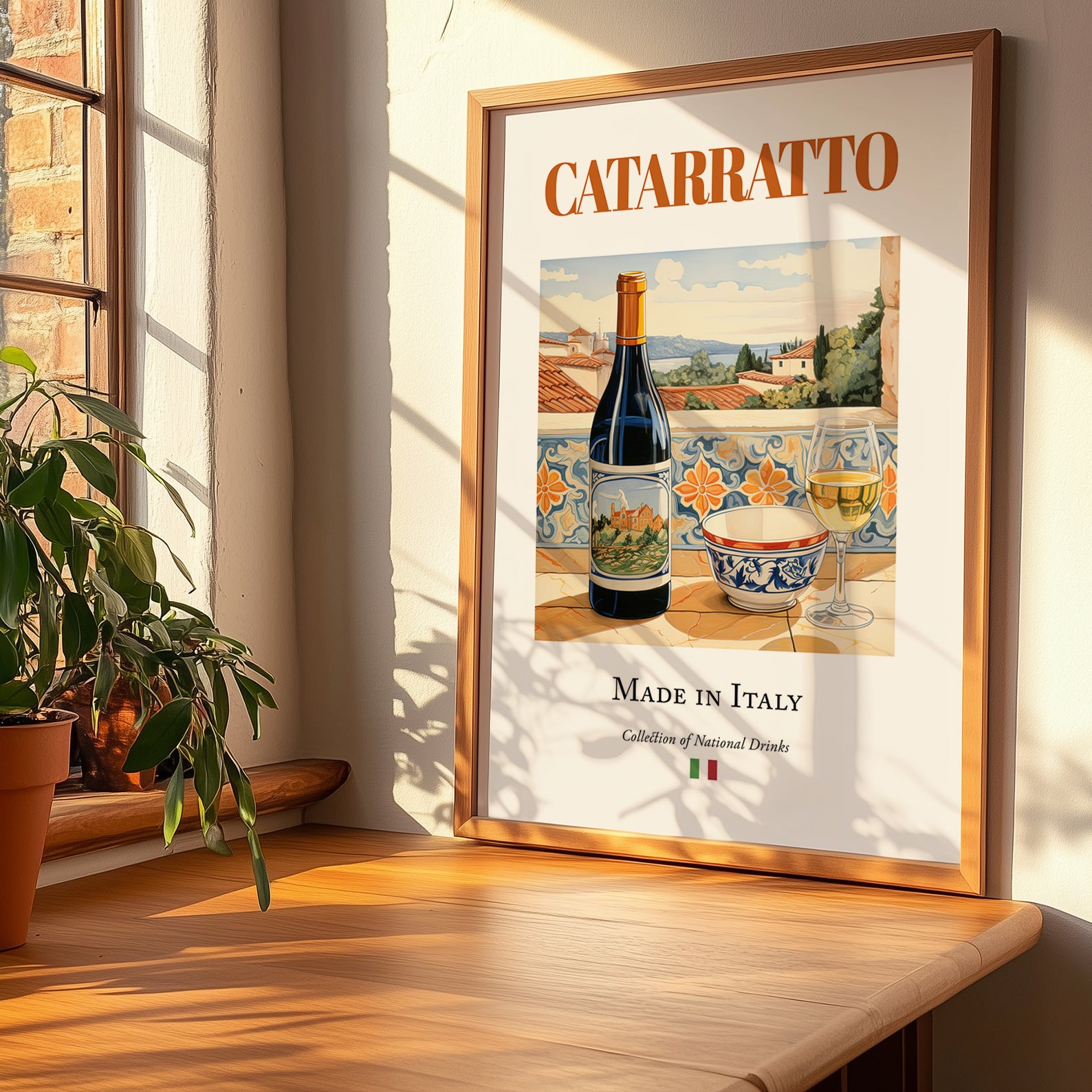 Catarratto – Italian White Wine, Wine Bar Illustration, no-text version framed in wood