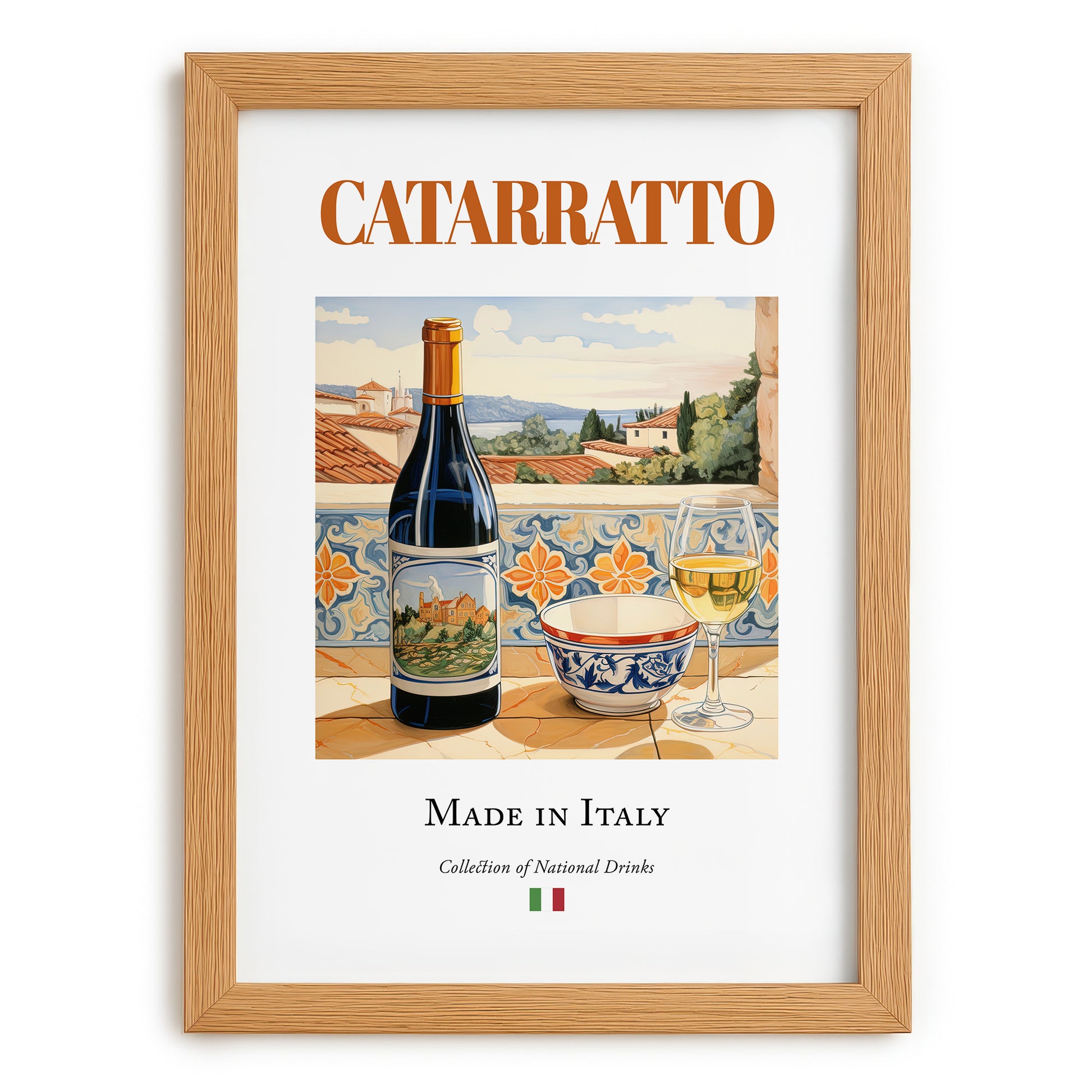 Catarratto – Italian White Wine, Wine Bar Illustration, set in oak frame