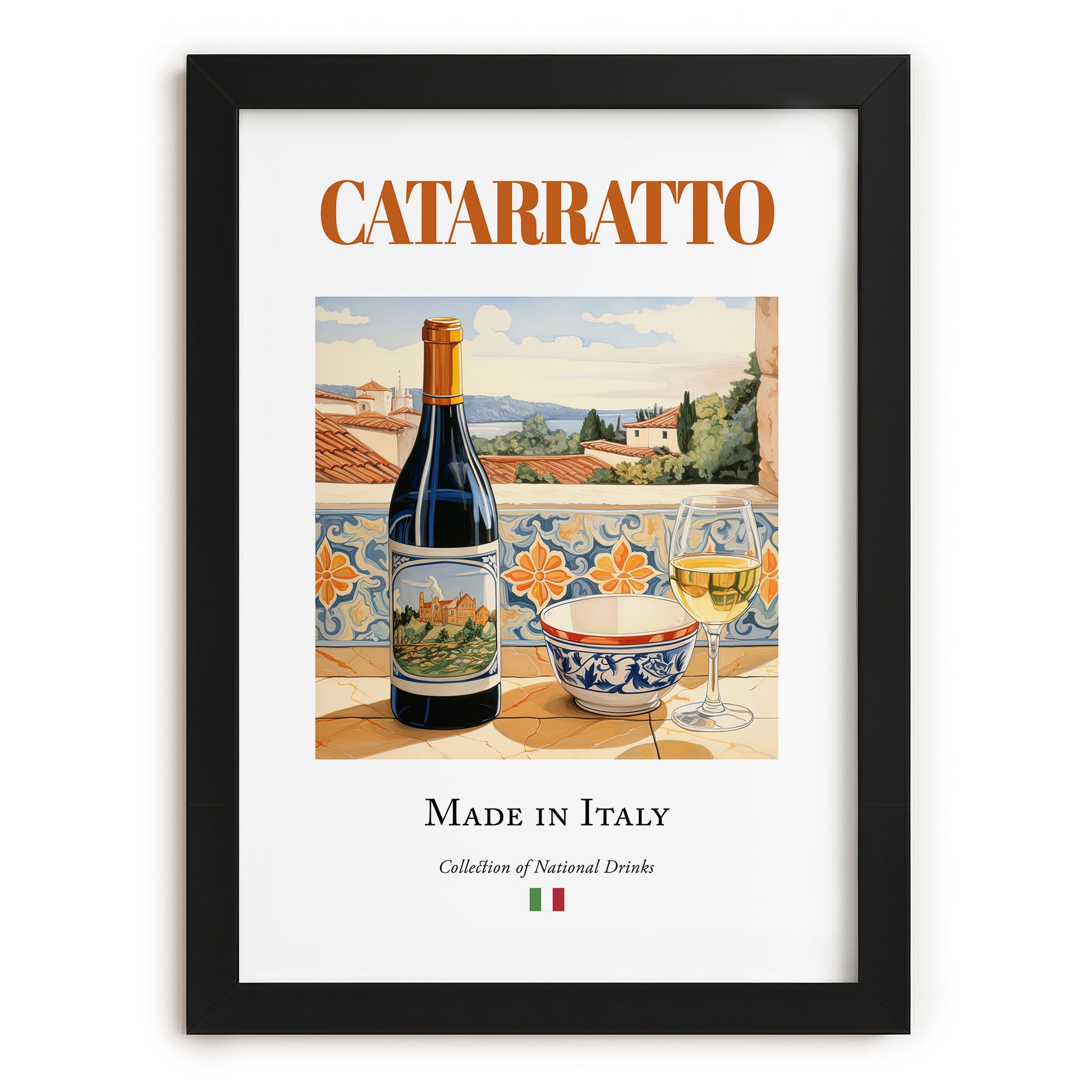 Catarratto – Italian White Wine, Wine Bar Illustration, in sleek black frame