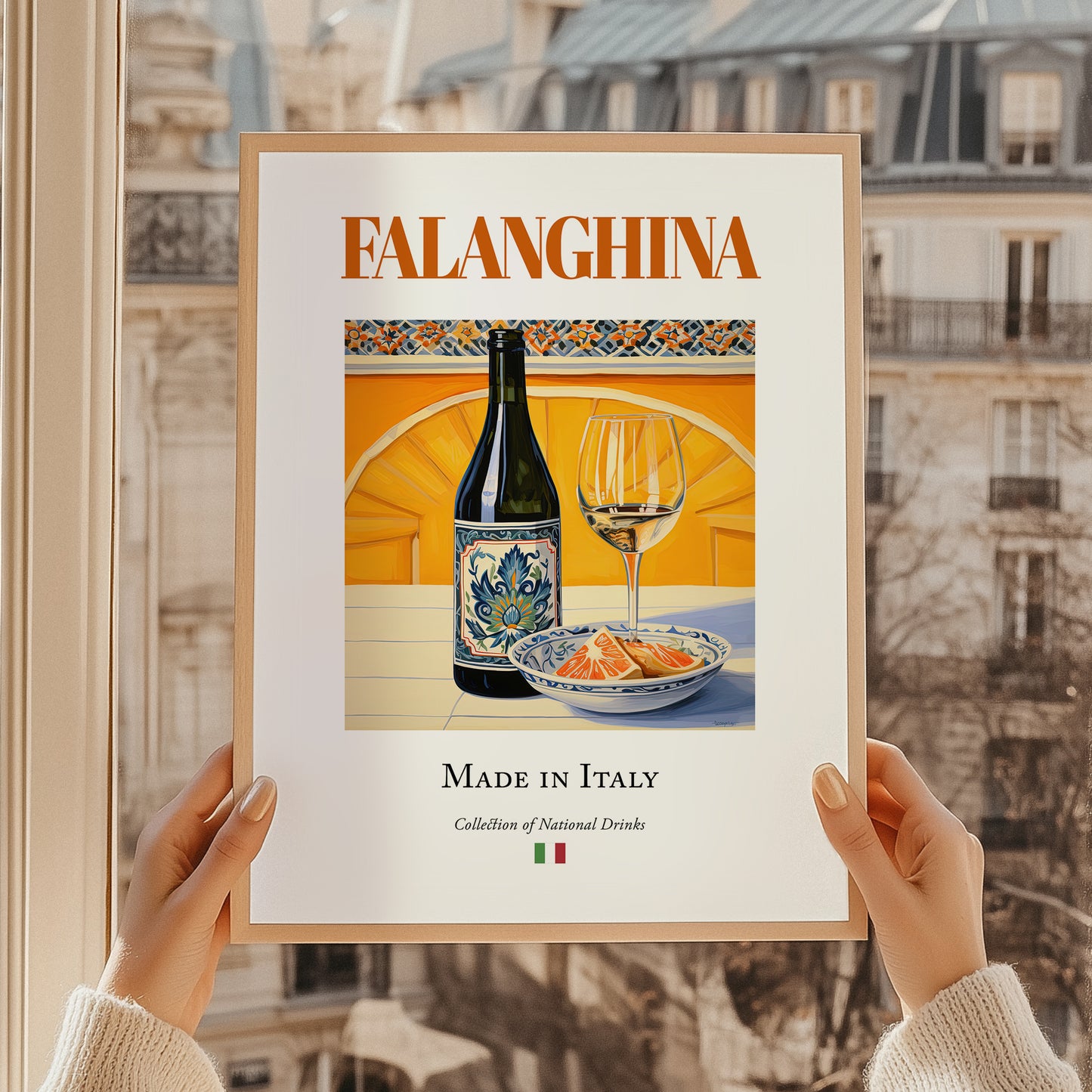 Falanghina – Italian White Wine, Wine Bar Poster, styled in a charming Paris street view
