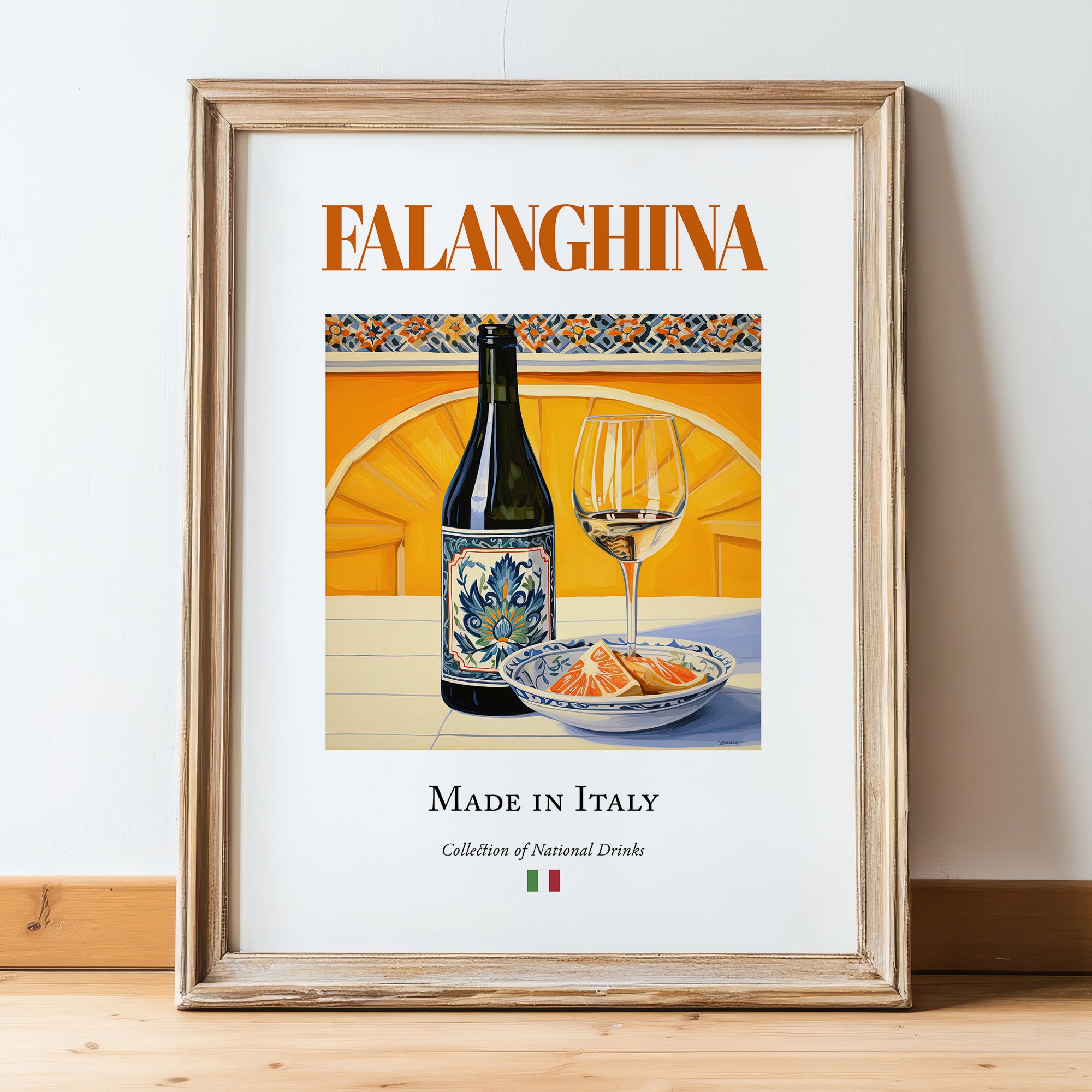 Falanghina – Italian White Wine, Wine Bar Poster, in wooden frame leaning on the floor