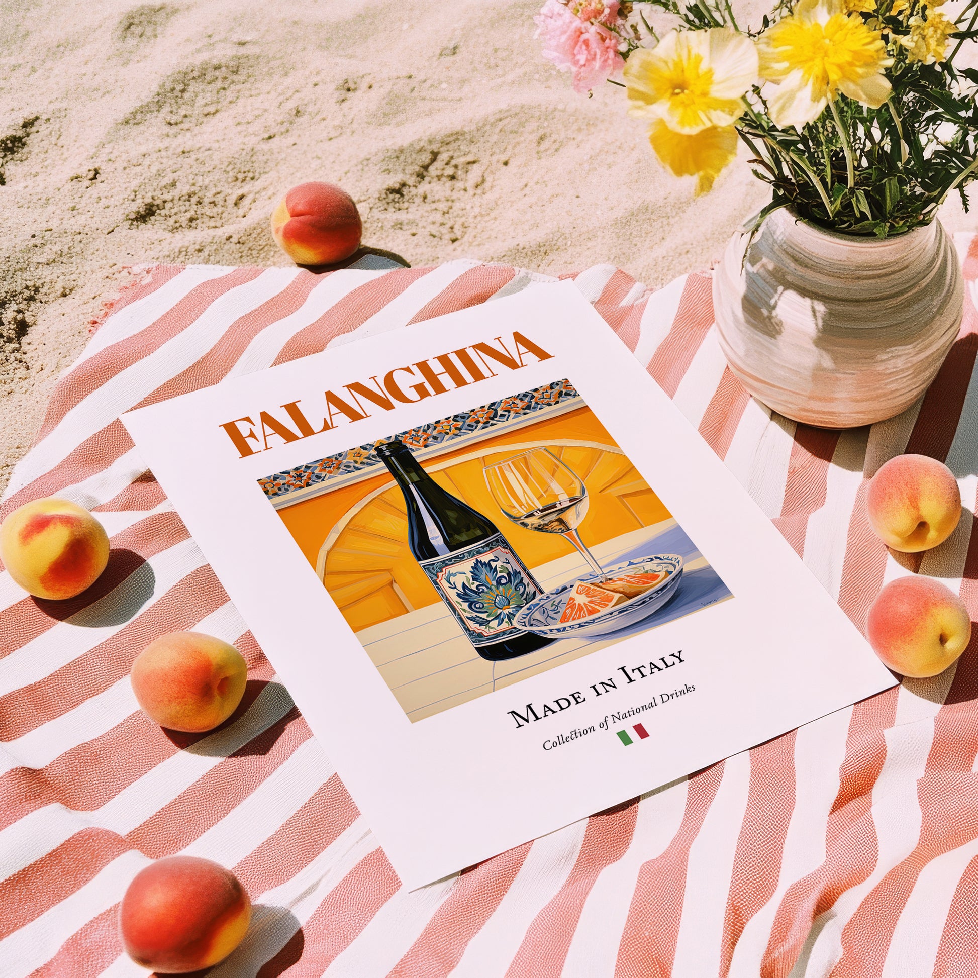 Falanghina – Italian White Wine, Wine Bar Poster, unframed on coastal sand