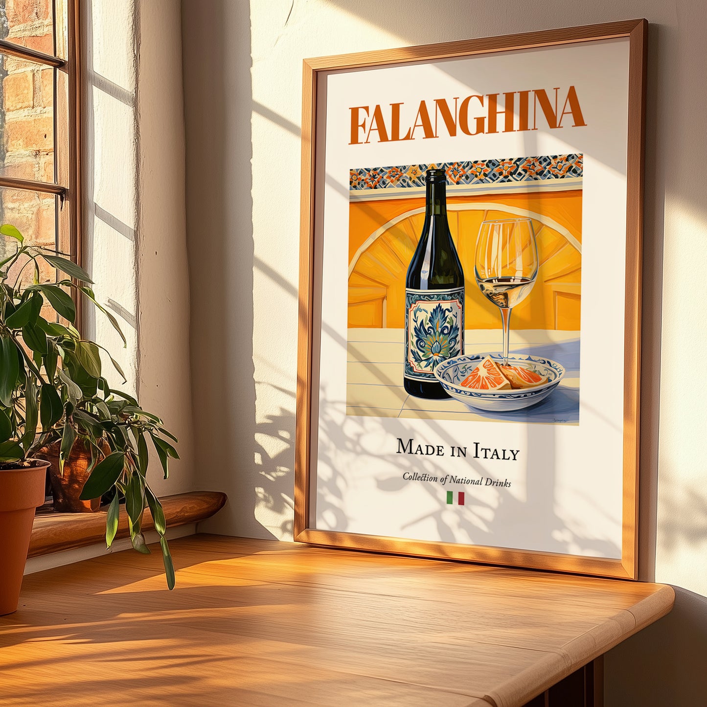 Falanghina – Italian White Wine, Wine Bar Poster, no-text version framed in wood