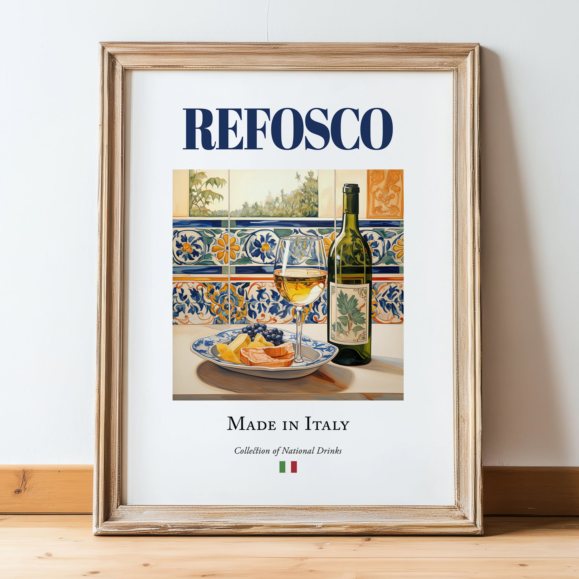 Refosco – Italian Red Wine, Wine Bar Still Life, in wooden frame leaning on the floor