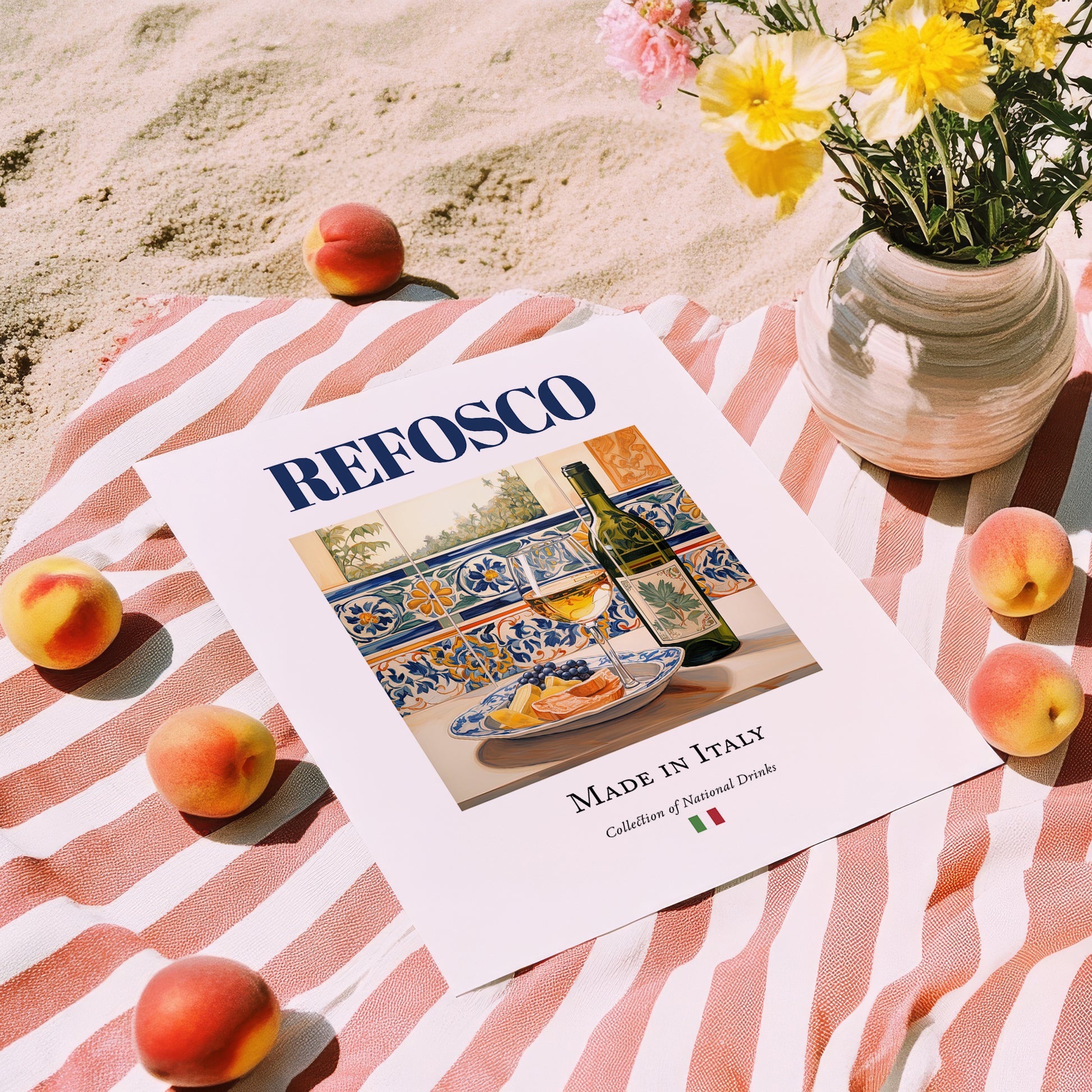 Refosco – Italian Red Wine, Wine Bar Still Life, unframed on coastal sand
