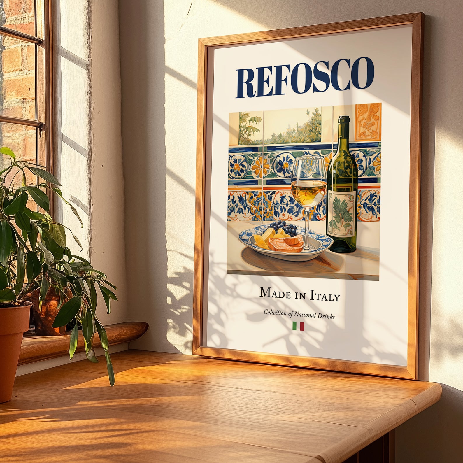 Refosco – Italian Red Wine, Wine Bar Still Life, no-text version framed in wood