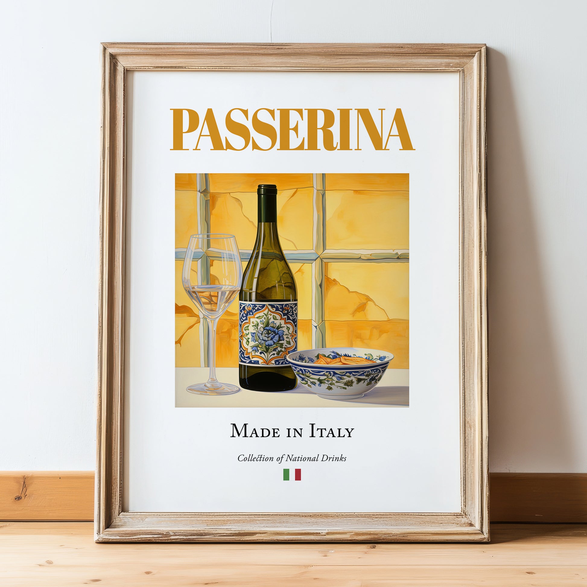 Passerina – Italian White Wine, Vinoteca Painting, in wooden frame leaning on the floor