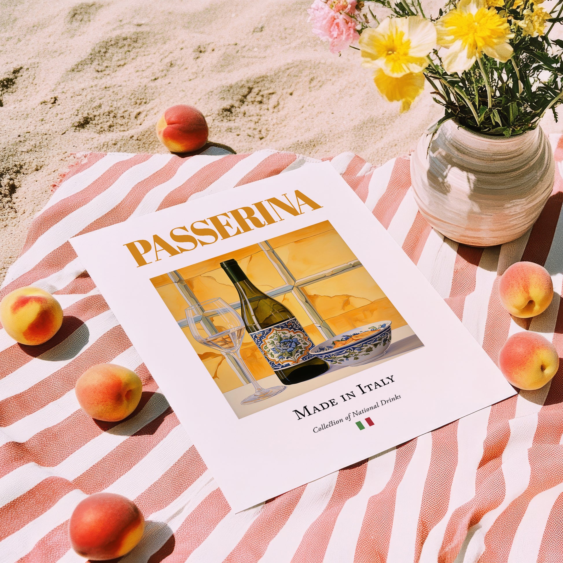 Passerina – Italian White Wine, Vinoteca Painting, unframed on coastal sand