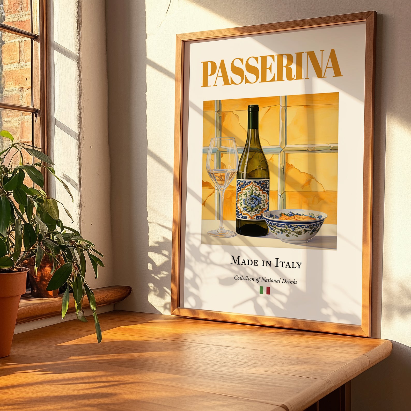 Passerina – Italian White Wine, Vinoteca Painting, no-text version framed in wood