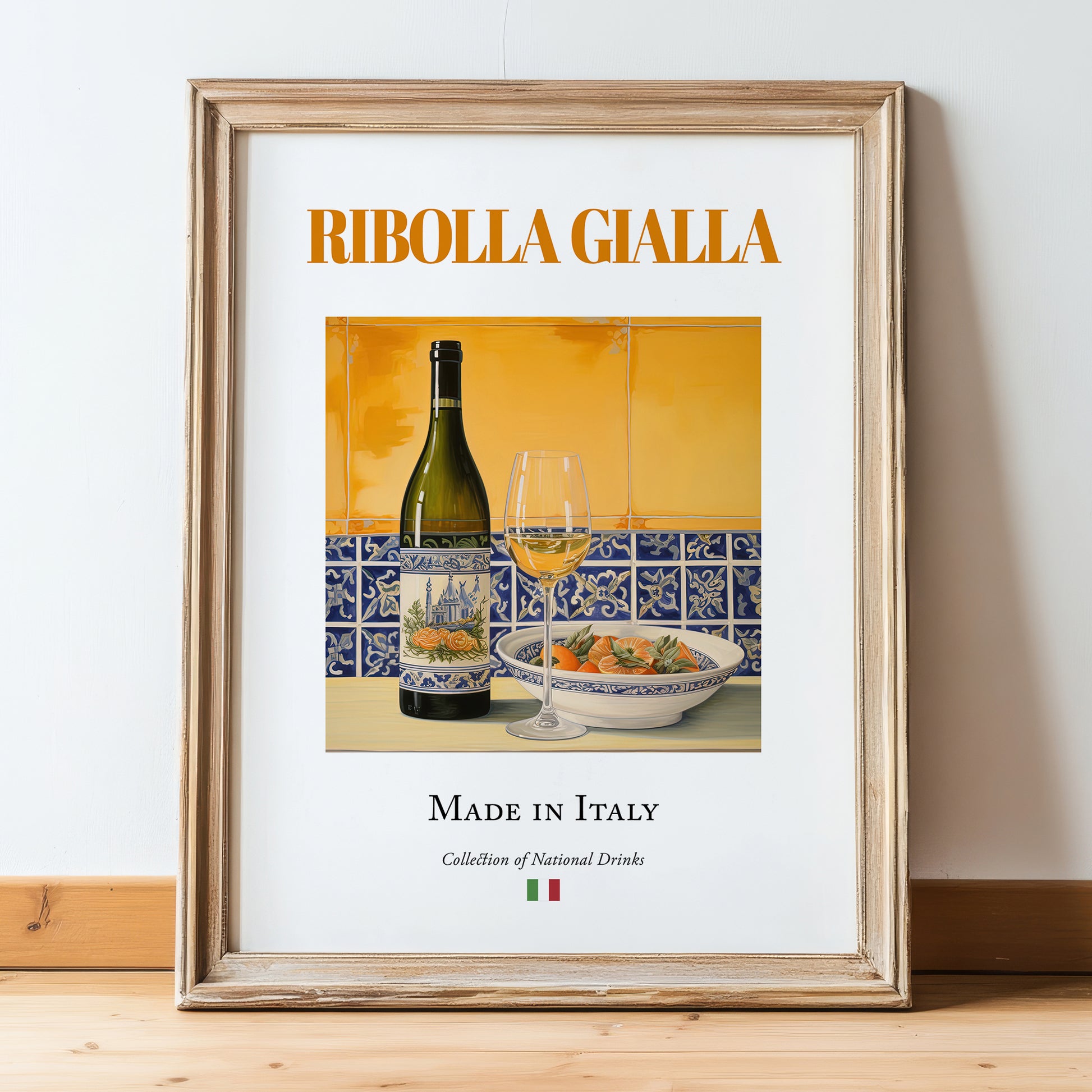 Ribolla Gialla – Italian White Wine, Wine Bar Poster, in wooden frame leaning on the floor