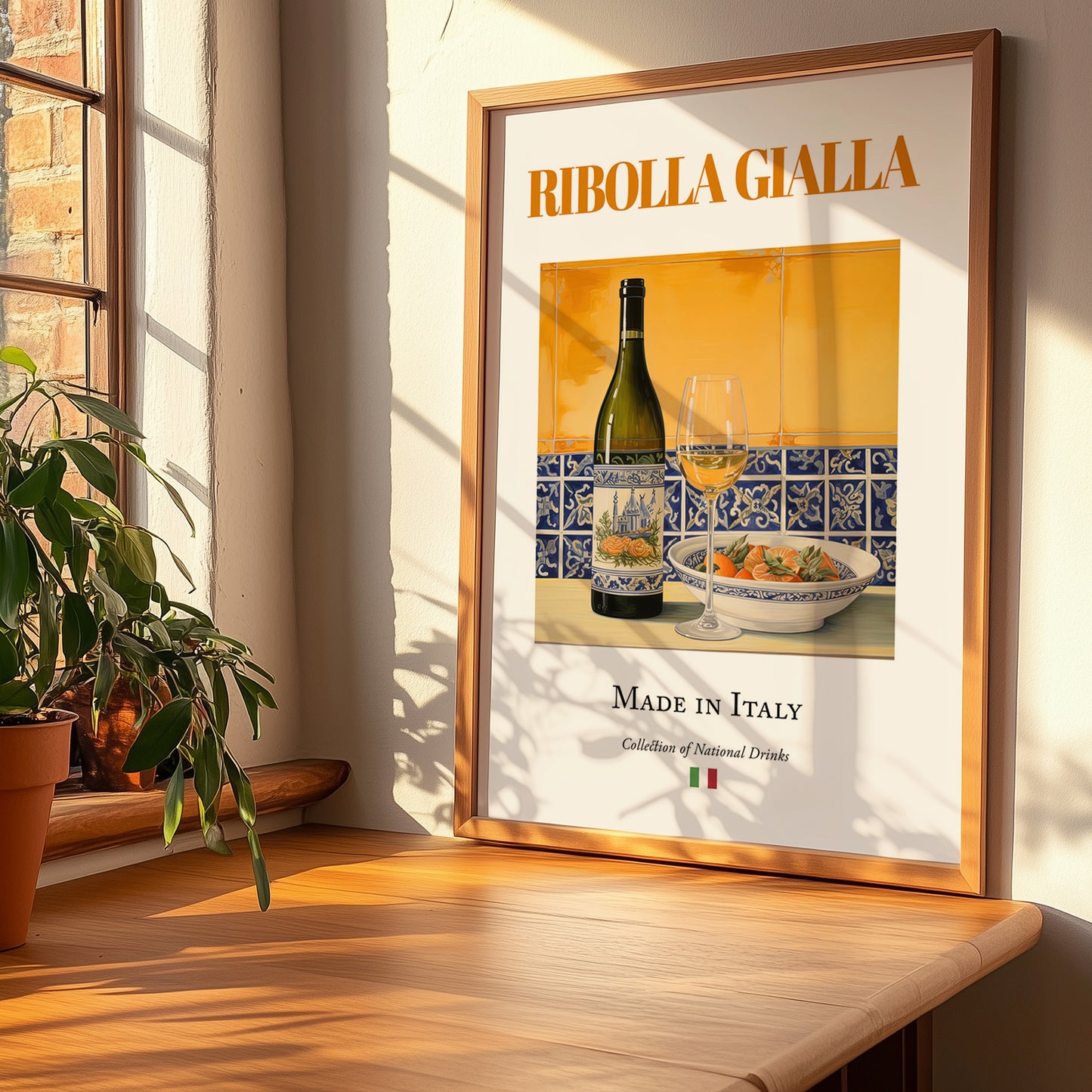 Ribolla Gialla – Italian White Wine, Wine Bar Poster, no-text version framed in wood