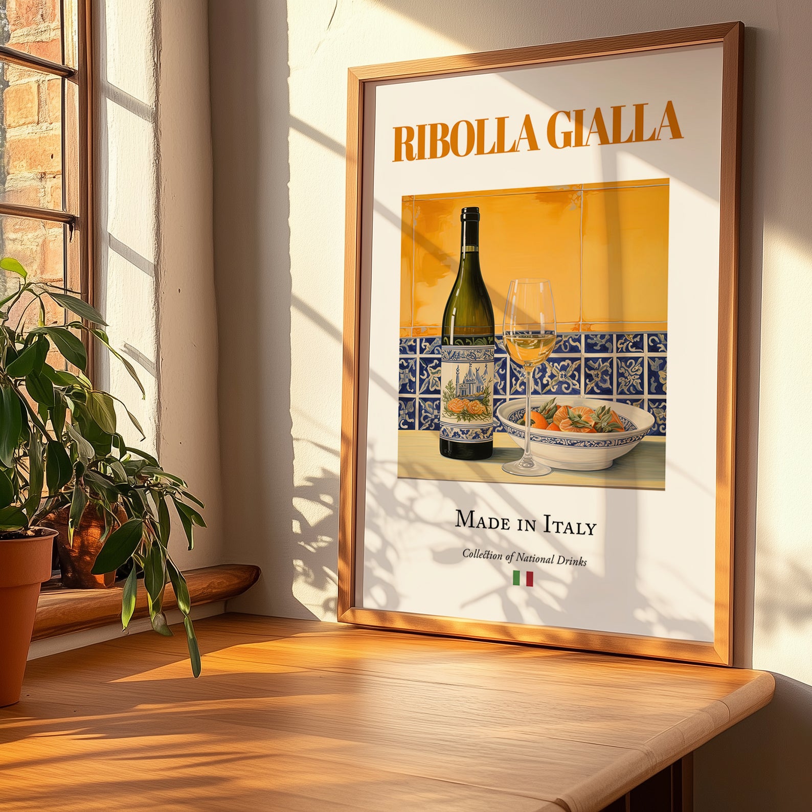 Ribolla Gialla – Italian White Wine, Wine Bar Poster, no-text version framed in wood