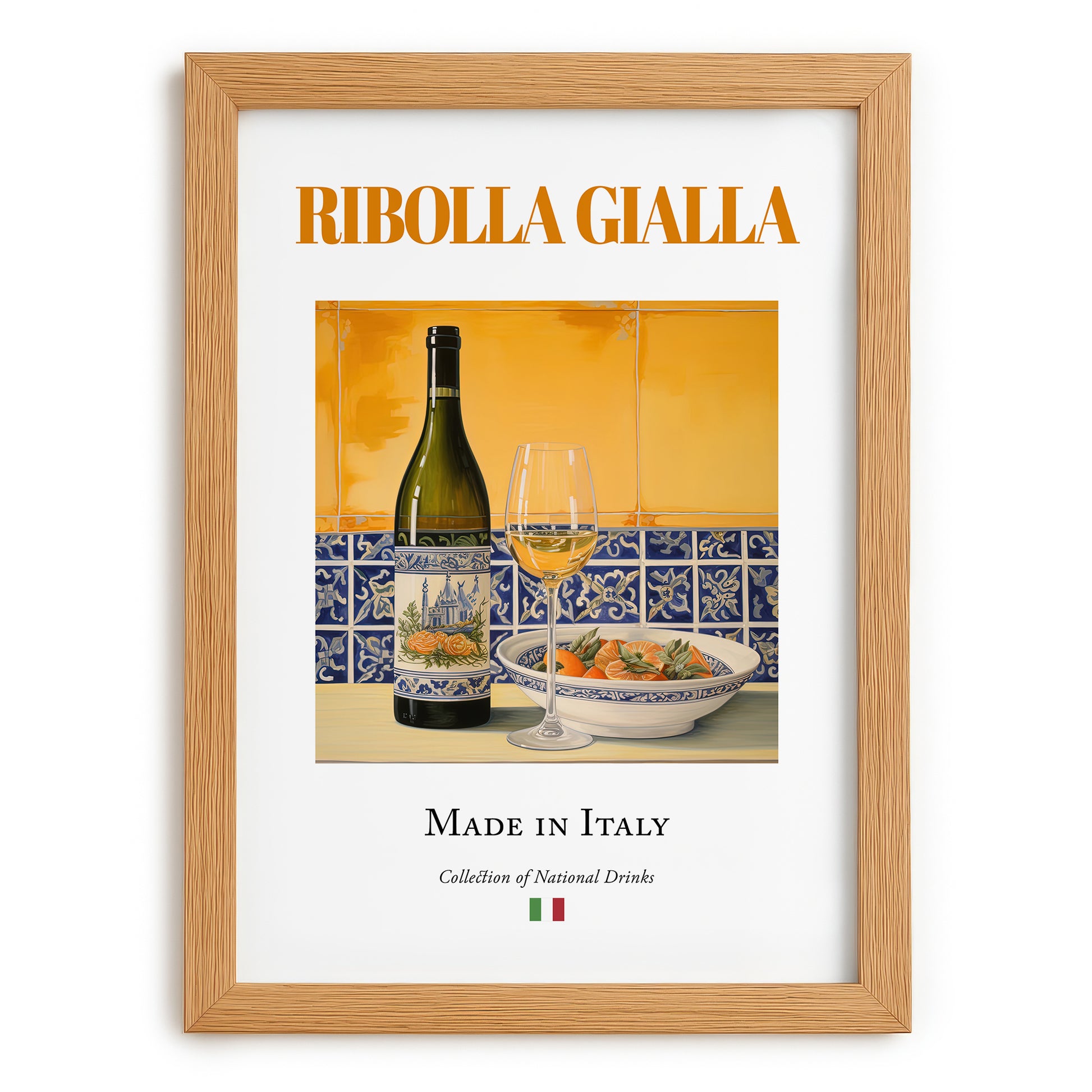 Ribolla Gialla – Italian White Wine, Wine Bar Poster, set in oak frame