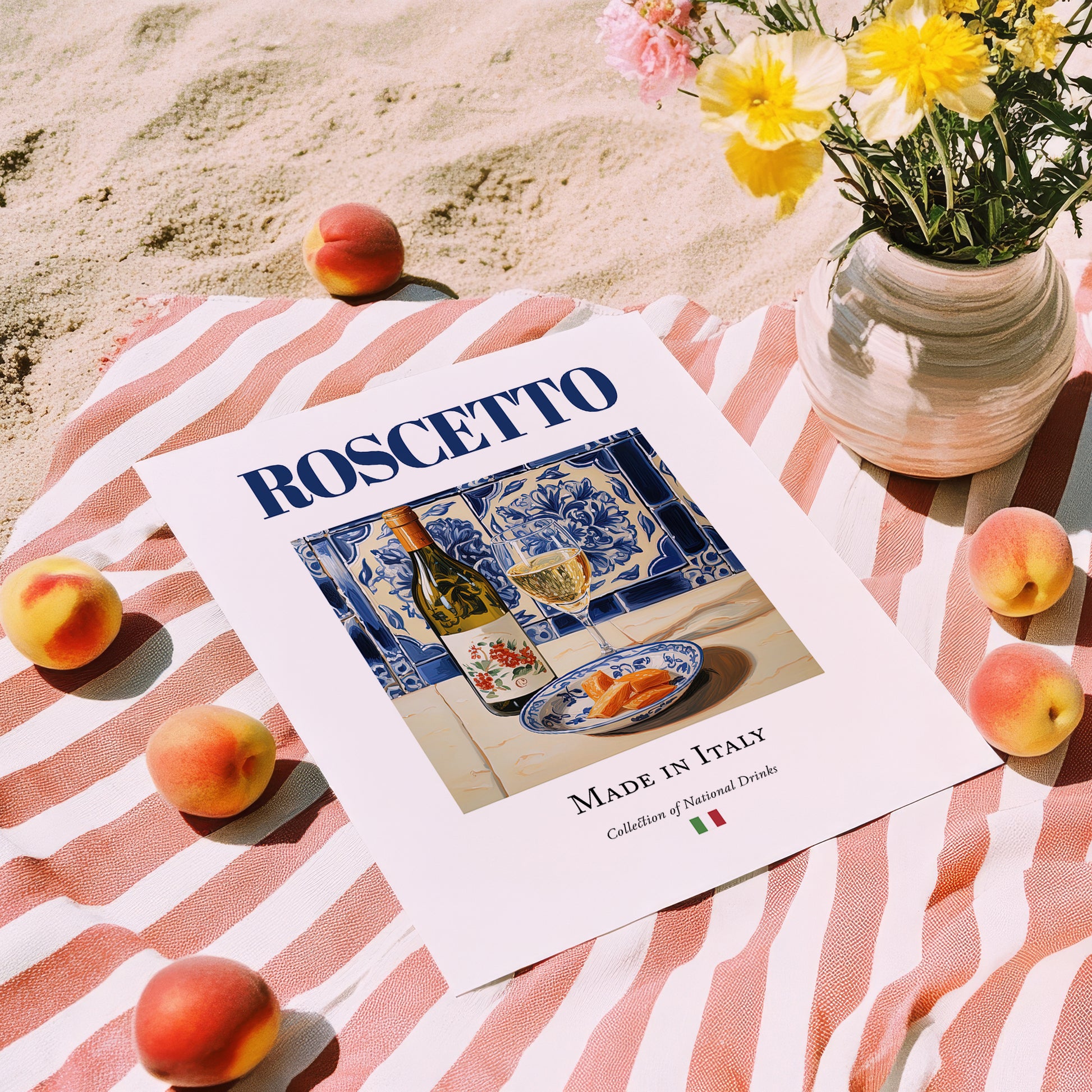 Roscetto – Italian White Wine, Vinoteca Print, unframed on coastal sand