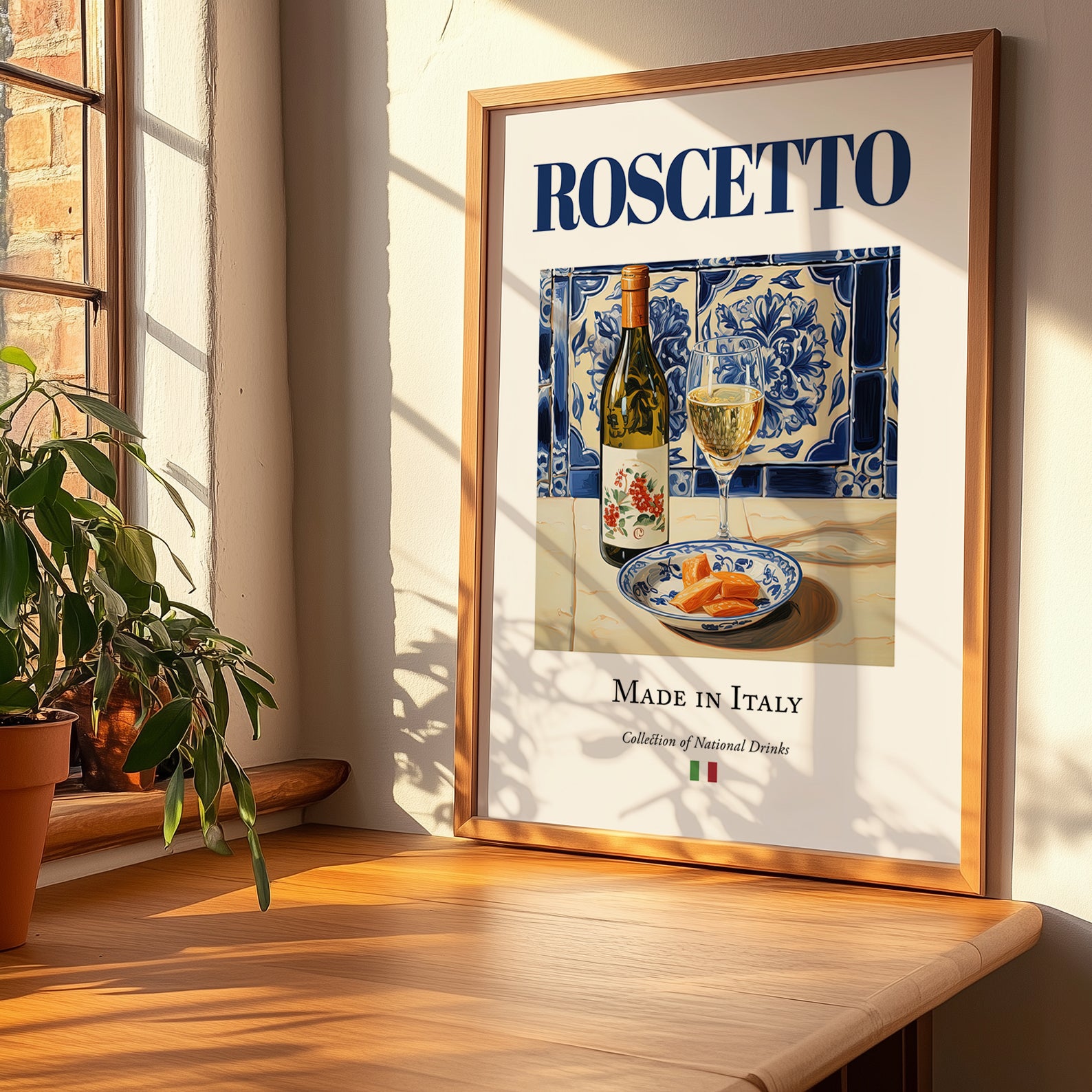 Roscetto – Italian White Wine, Vinoteca Print, no-text version framed in wood
