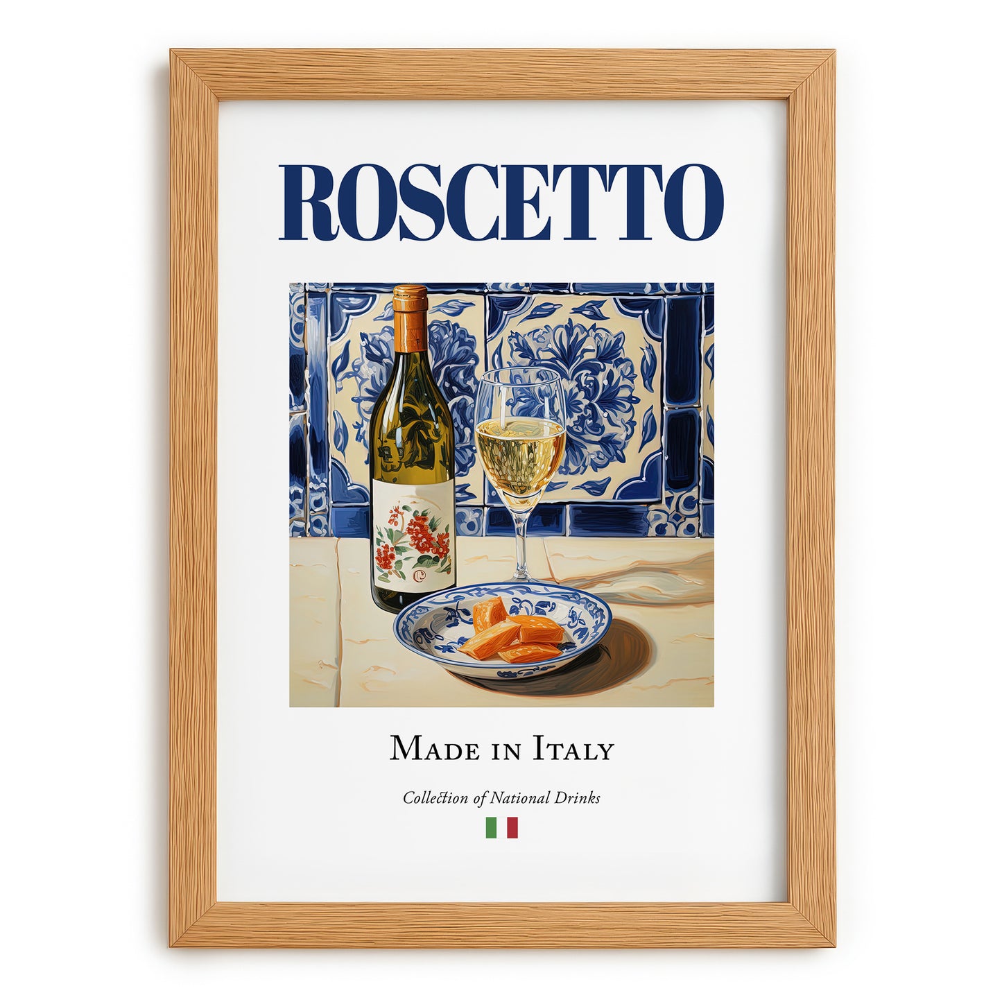Roscetto – Italian White Wine, Vinoteca Print, set in oak frame