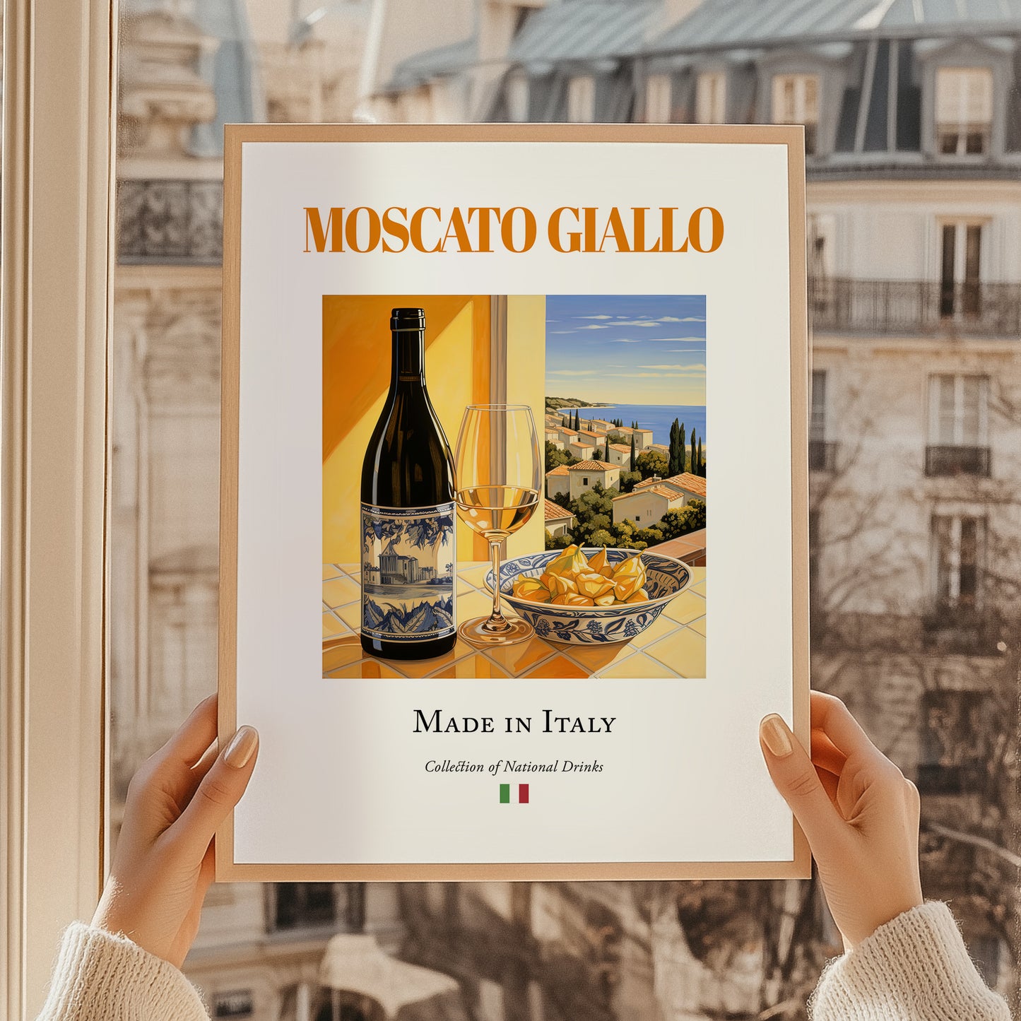 Moscato Giallo – Italian Dessert Wine, Bodega Wall Art, styled in a charming Paris street view