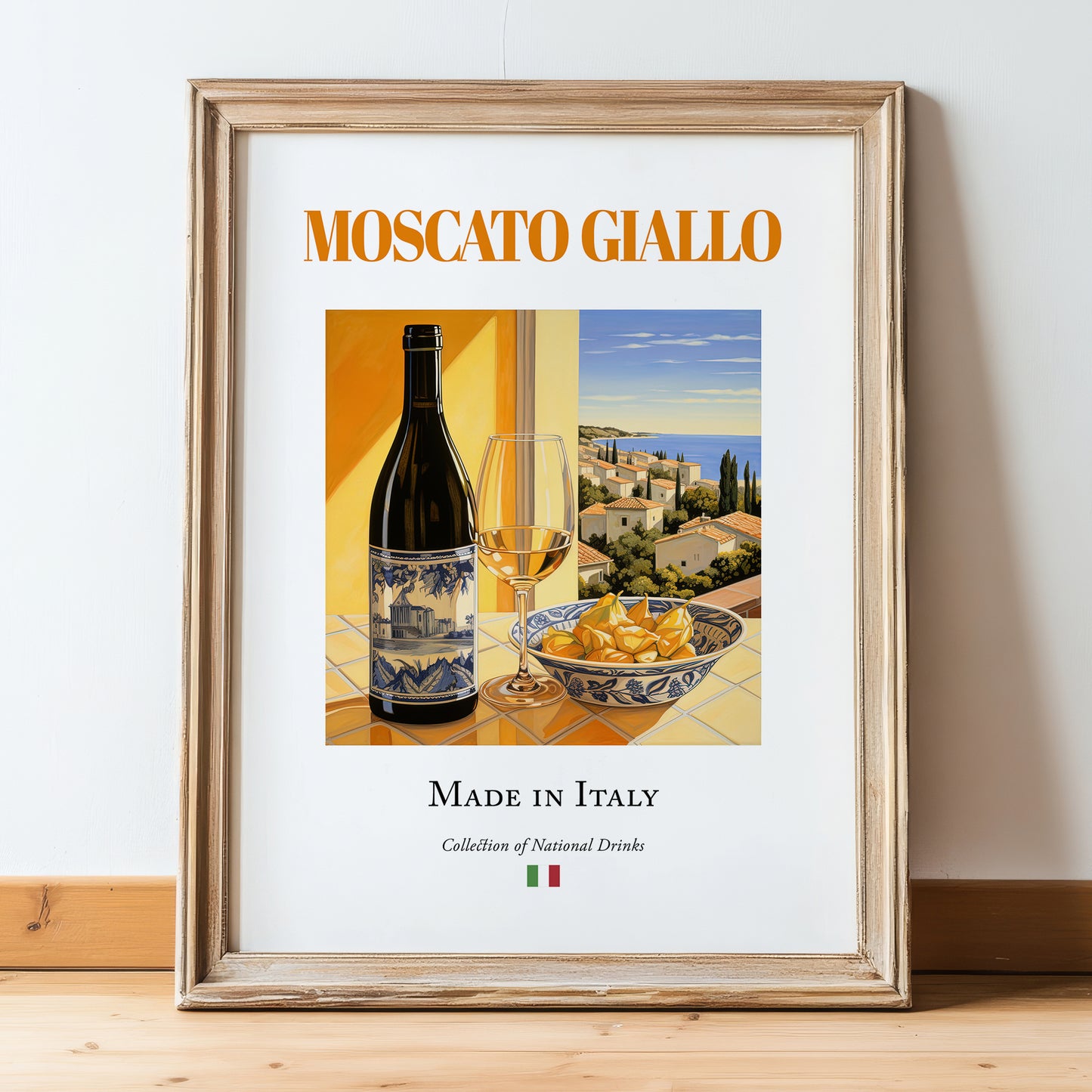 Moscato Giallo – Italian Dessert Wine, Bodega Wall Art, in wooden frame leaning on the floor
