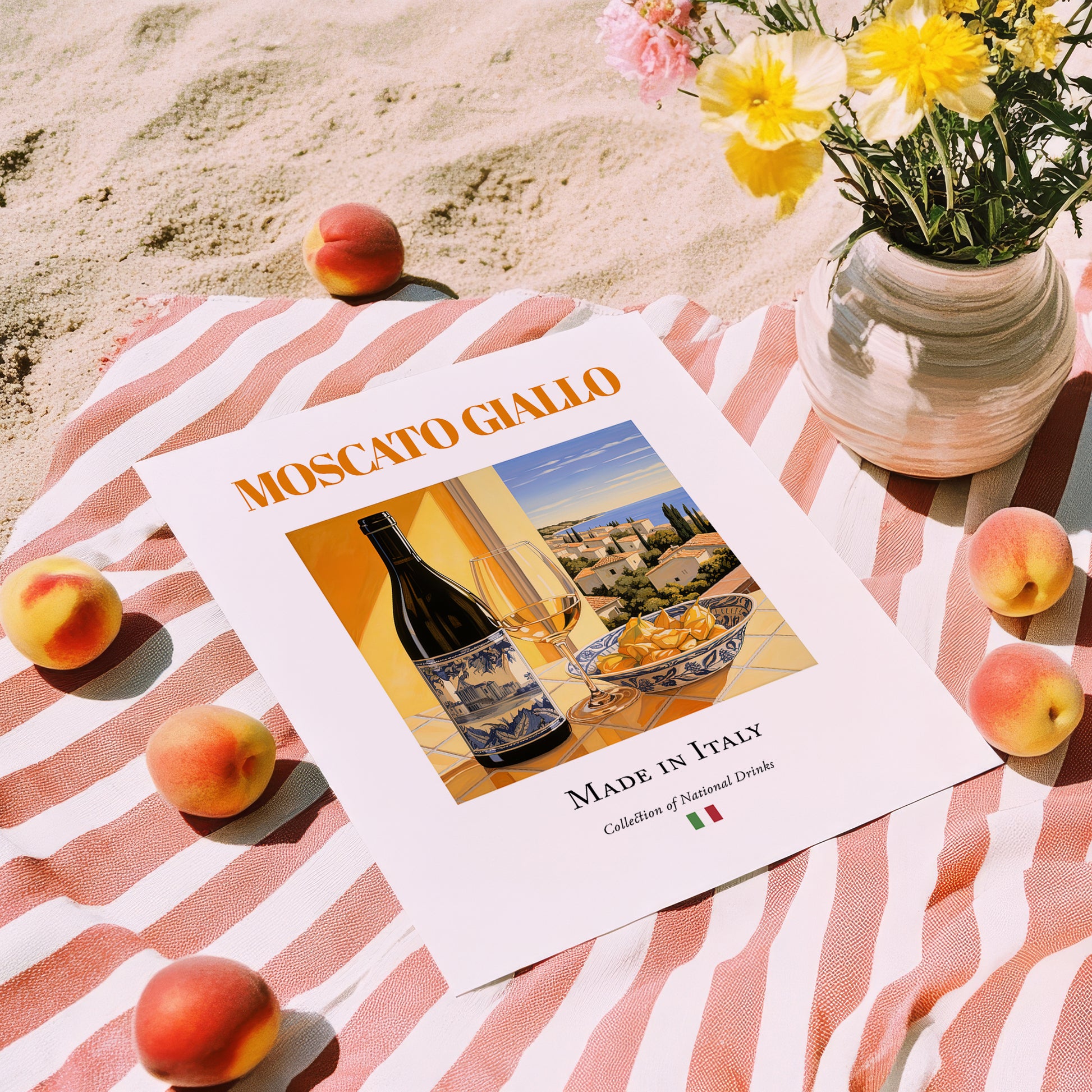 Moscato Giallo – Italian Dessert Wine, Bodega Wall Art, unframed on coastal sand