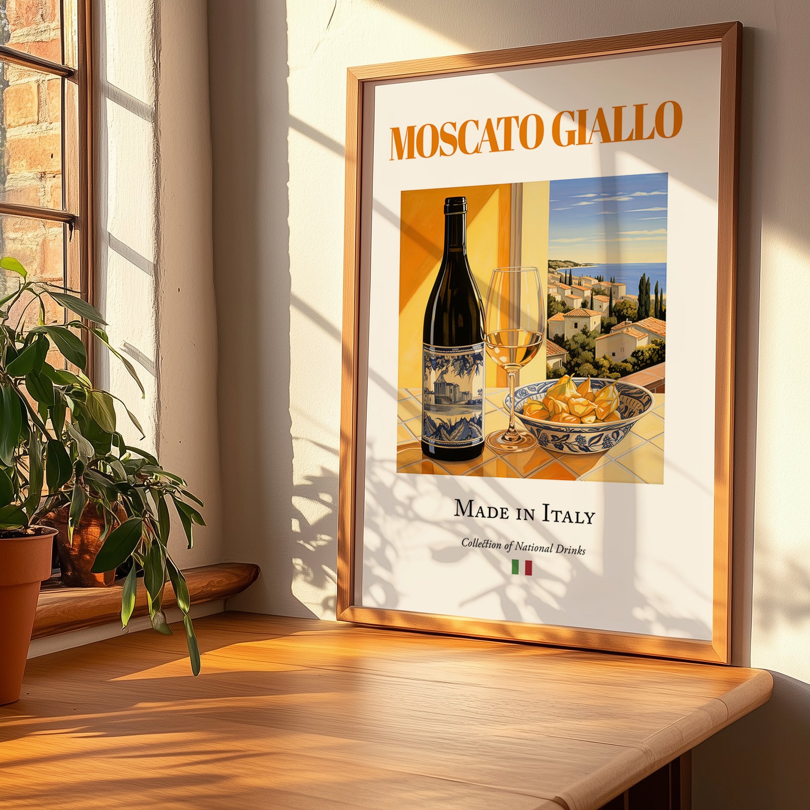 Moscato Giallo – Italian Dessert Wine, Bodega Wall Art, no-text version framed in wood
