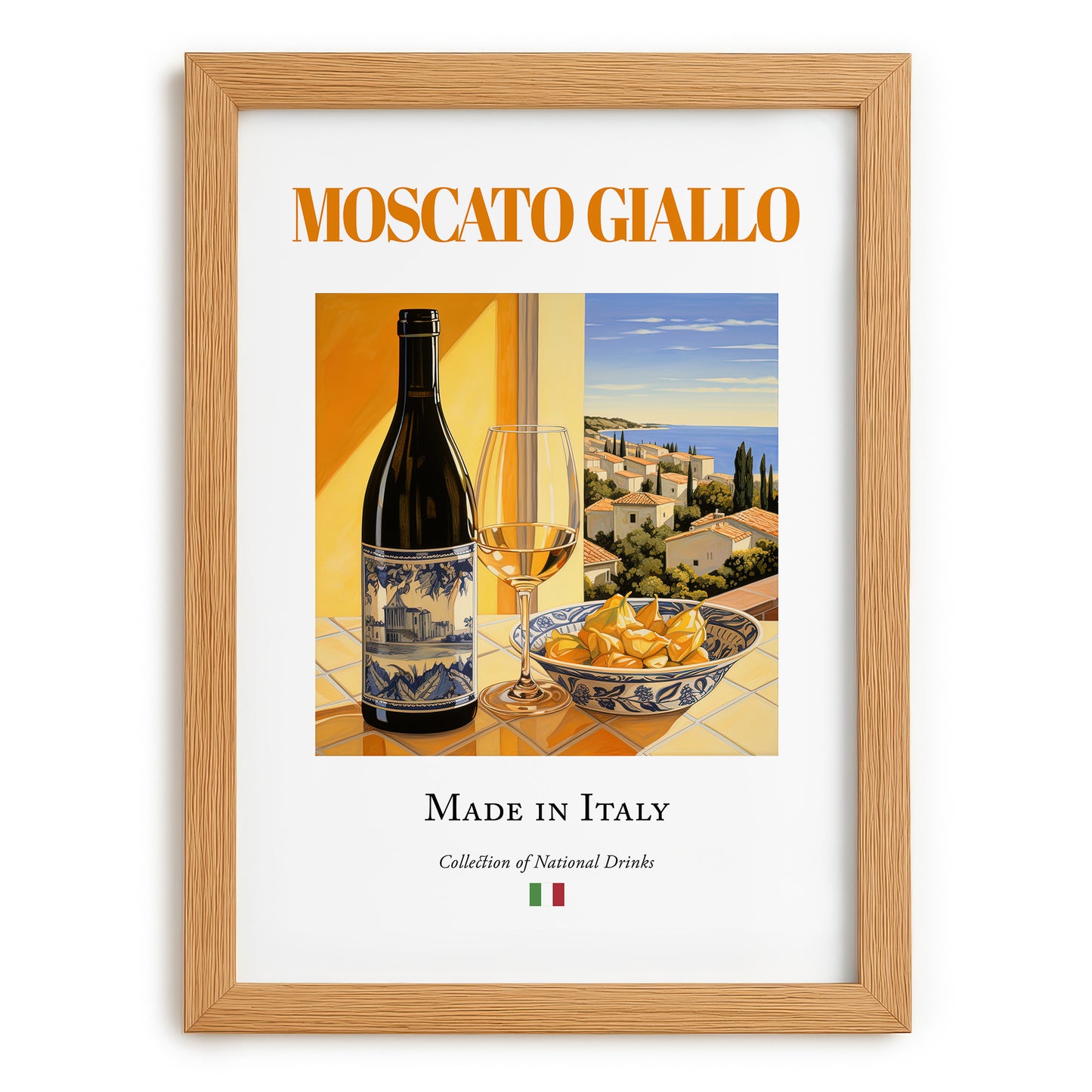 Moscato Giallo – Italian Dessert Wine, Bodega Wall Art, set in oak frame
