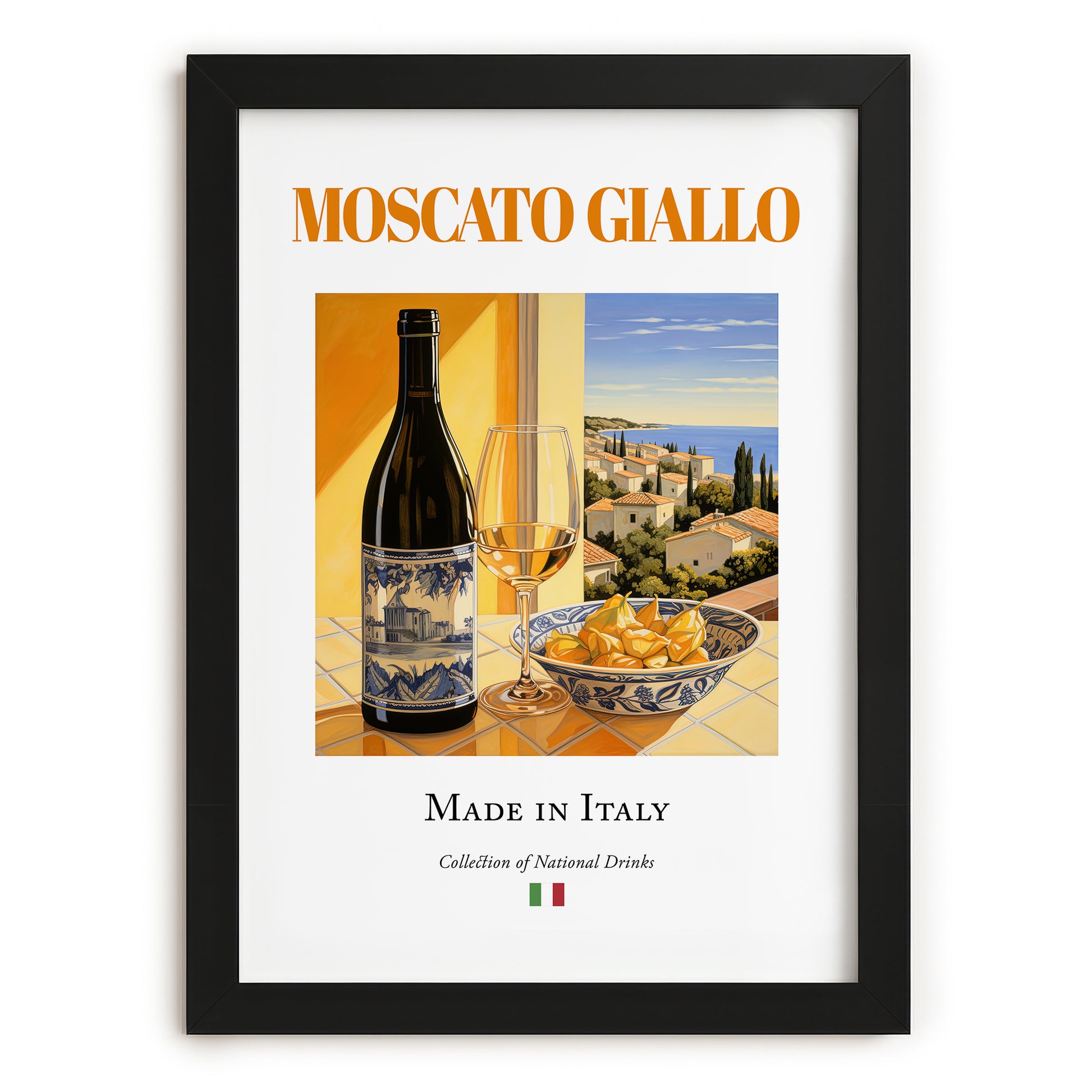 Moscato Giallo – Italian Dessert Wine, Bodega Wall Art, in sleek black frame