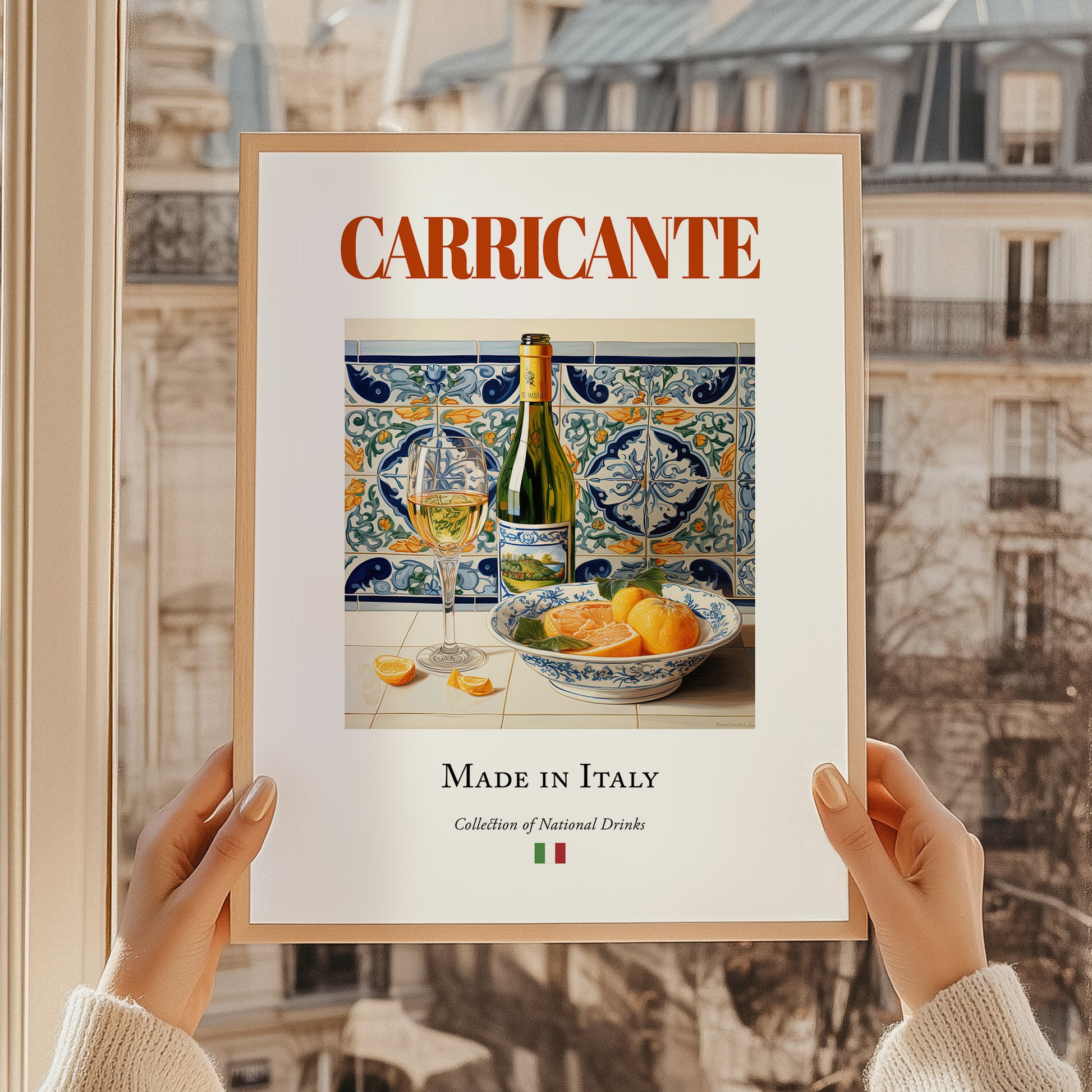 Carricante – Italian White Wine, Bodega Poster, styled in a charming Paris street view
