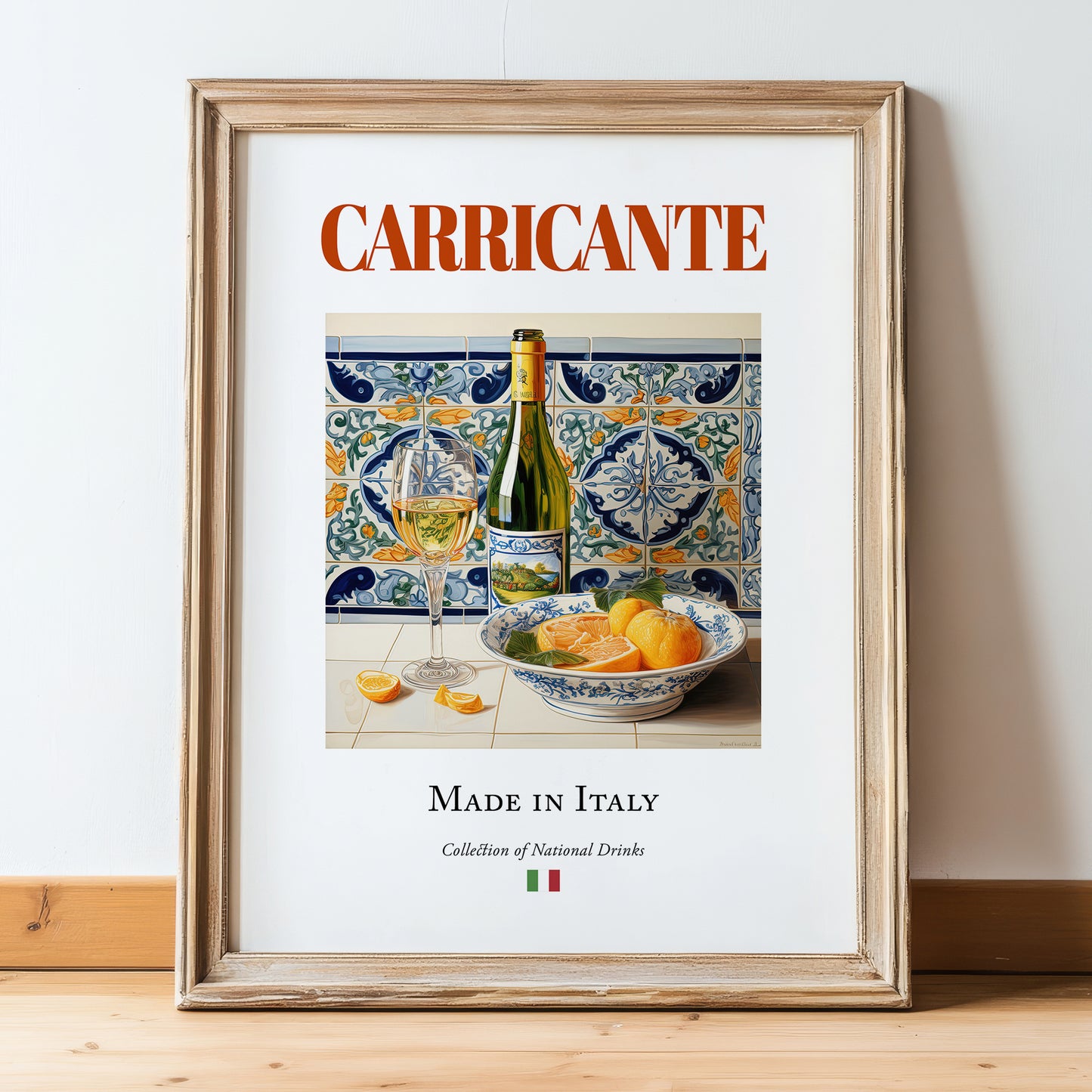 Carricante – Italian White Wine, Bodega Poster, in wooden frame leaning on the floor