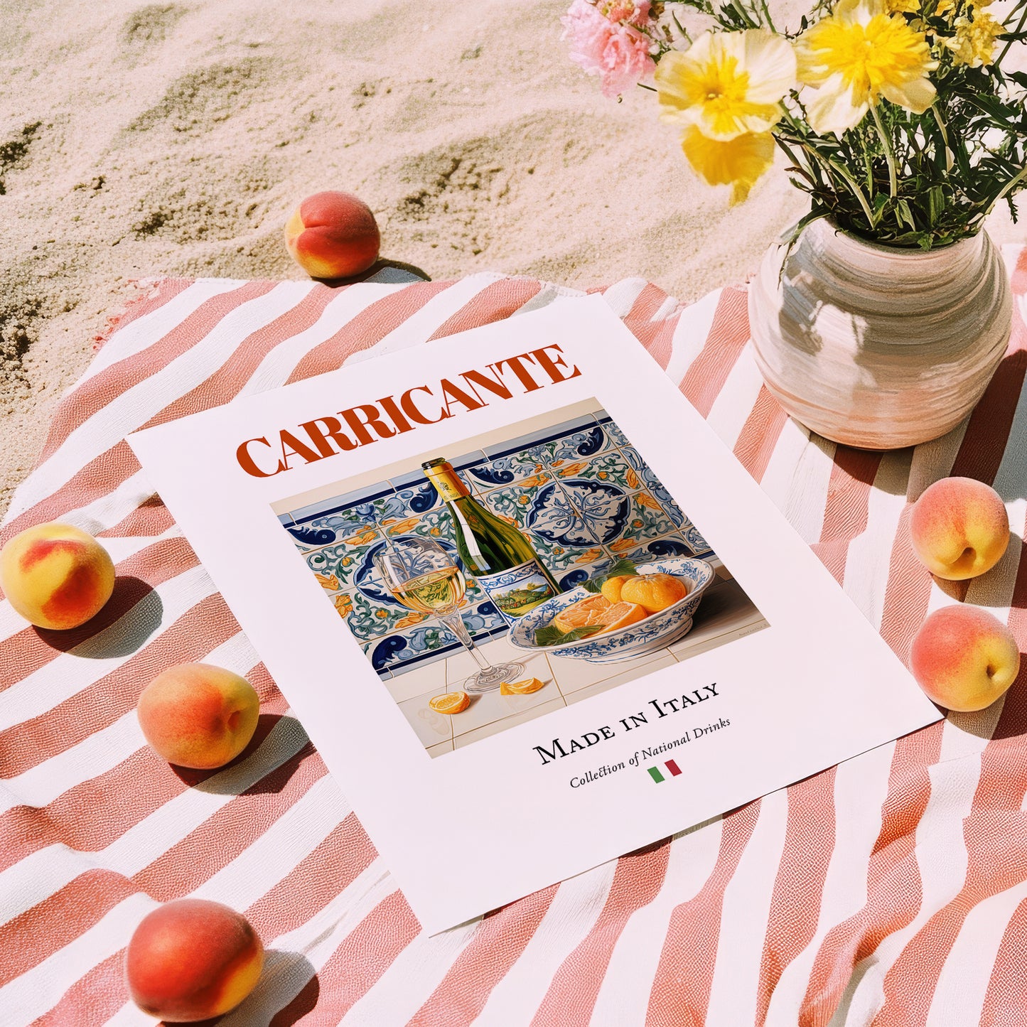 Carricante – Italian White Wine, Bodega Poster, unframed on coastal sand