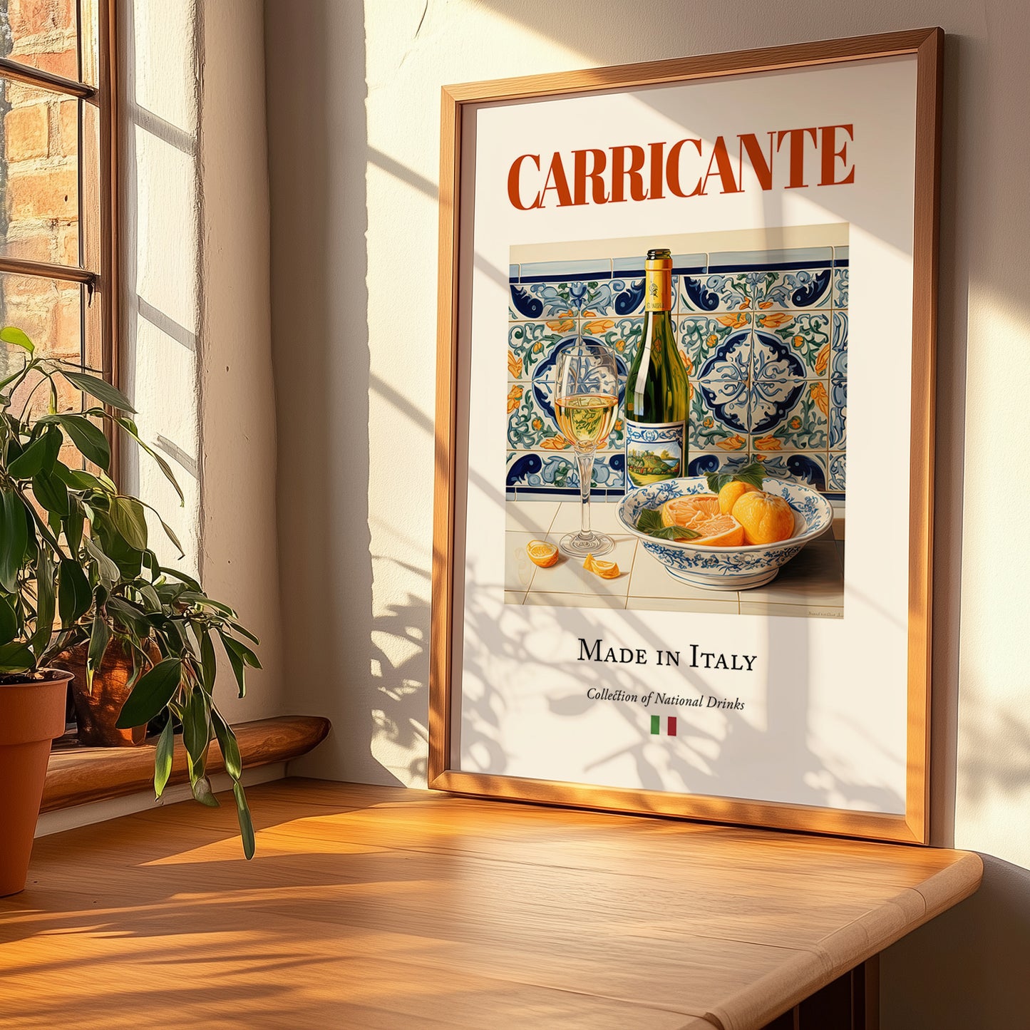 Carricante – Italian White Wine, Bodega Poster, no-text version framed in wood